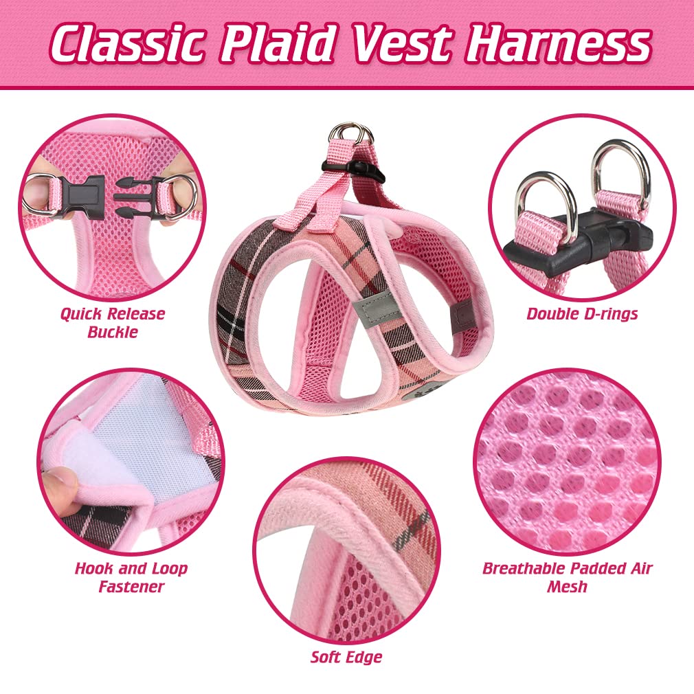 Expawlorer Classic Plaid Puppy Harness - Small Dog Harness And Leash Set - Dog Collar And Leash Set With Airtag Holder, Soft Pad
