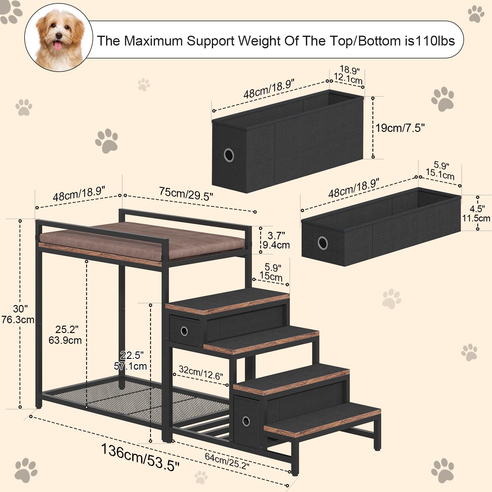 Saudism Pet Bunk Bed With Stairs And Storage, Dogs/Cats Window Perch, Bedside Lounge Elevated Dog Bed Multi-Level Platform With