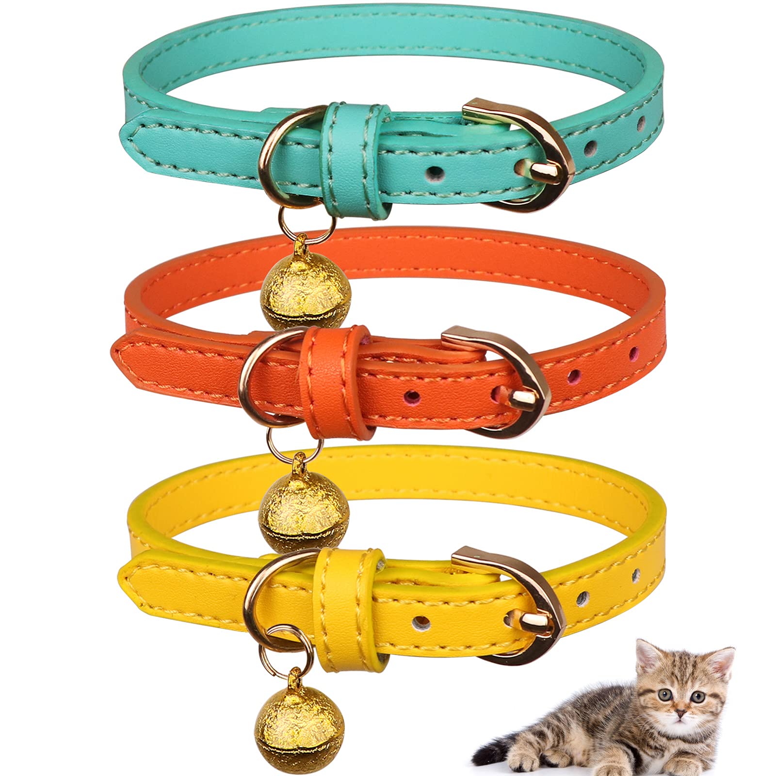 Jamktepat 3 Pack Leather Cat Collars With Bells Soft Pet Safety Collar Kitten Collars With Bell Orange Yellow Mint Green(Xs)