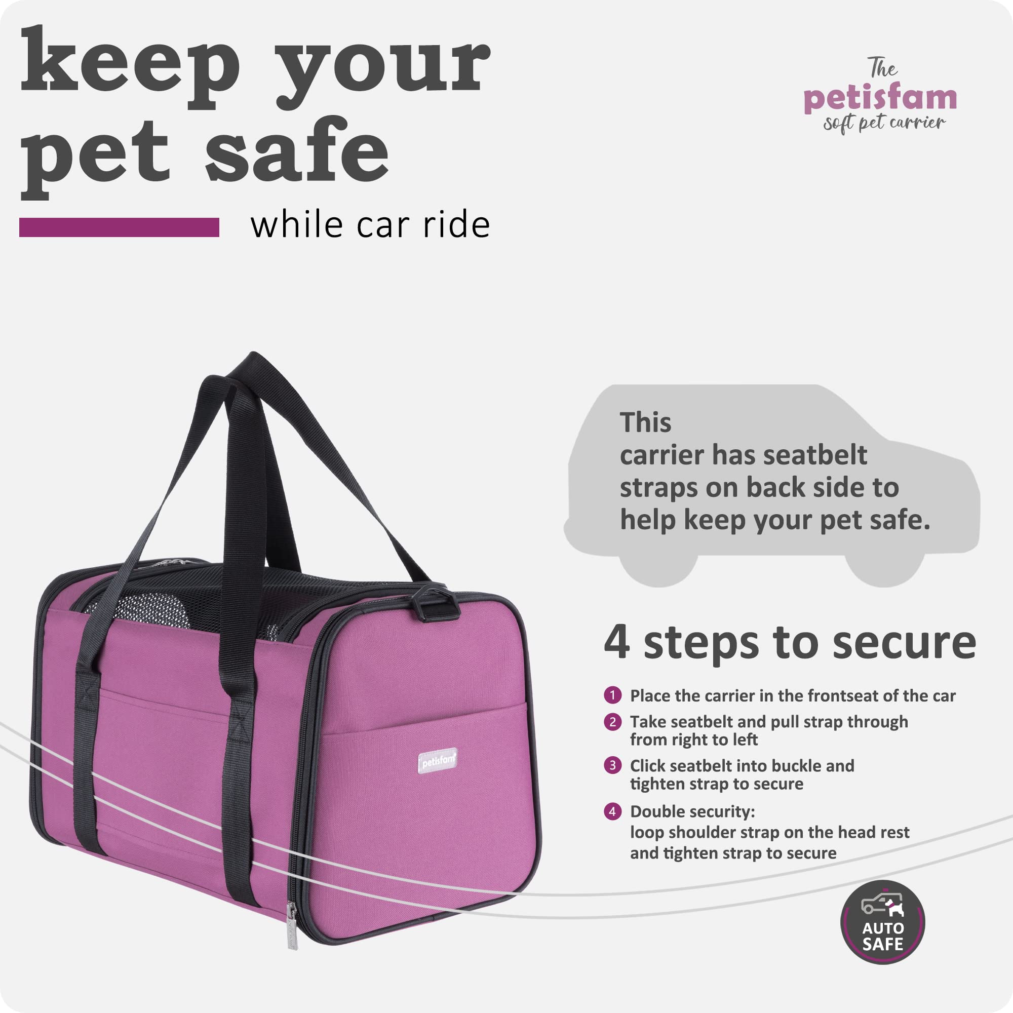 petisfam Easy Load Pet Carrier for Medium Cats & Small Dogs, Nylon, 17"x11"x11", Viva Magenta, Model PC10M