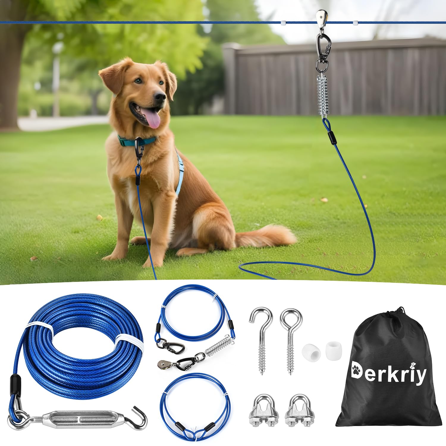 Dog Runner For Yard, Heavy Duty 100Ft Dog Runs For Outside With 10Ft Tie Out Cable, Trolley System Zipline For Large Dogs Up To 