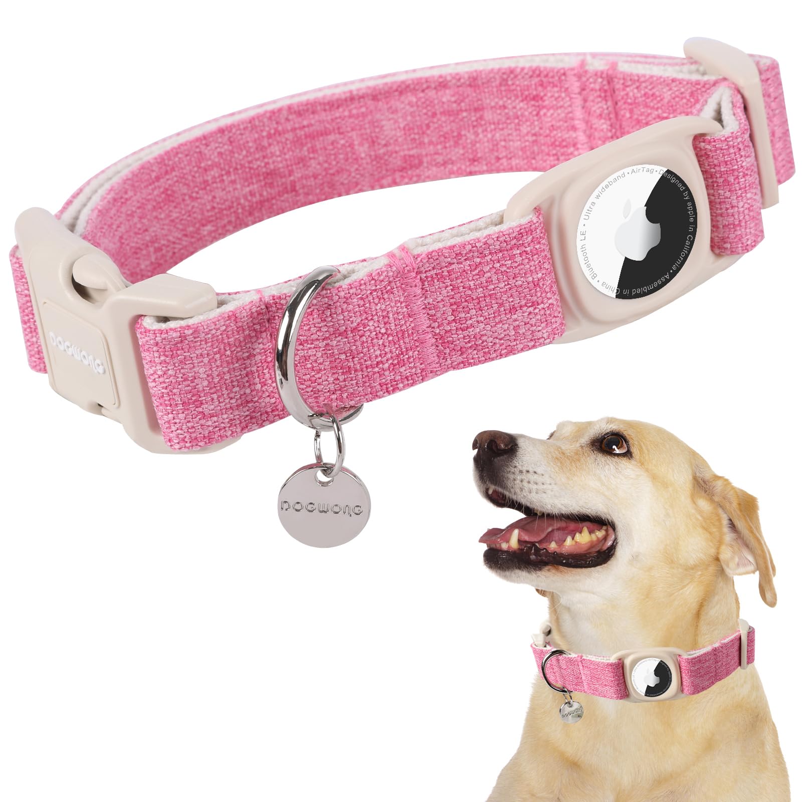 Dogwong Airtag Cotton Hemp Dog Collar, Heavy-Duty Dog Collar With Airtag Holder Pink Natural Fabric Pet Dog Collar Cute Puppy Ne