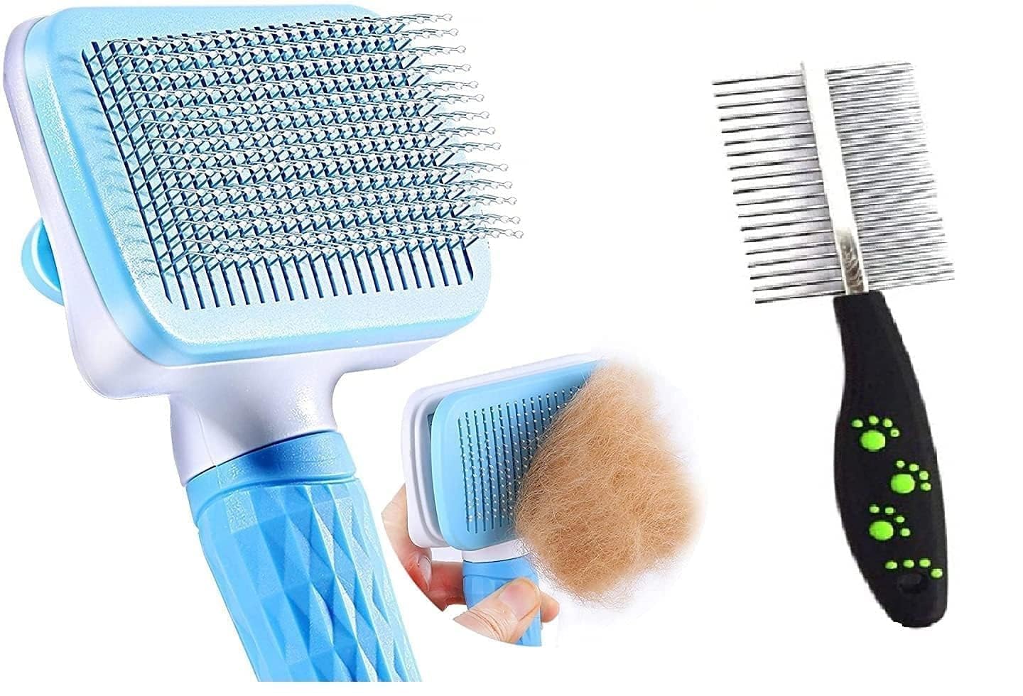 Roverpets Combo Of Slicker Pet Grooming Brush And Flea Comb For Dogs And Cats, SelfCleaning Slicker Brush And DoubleSided Comb