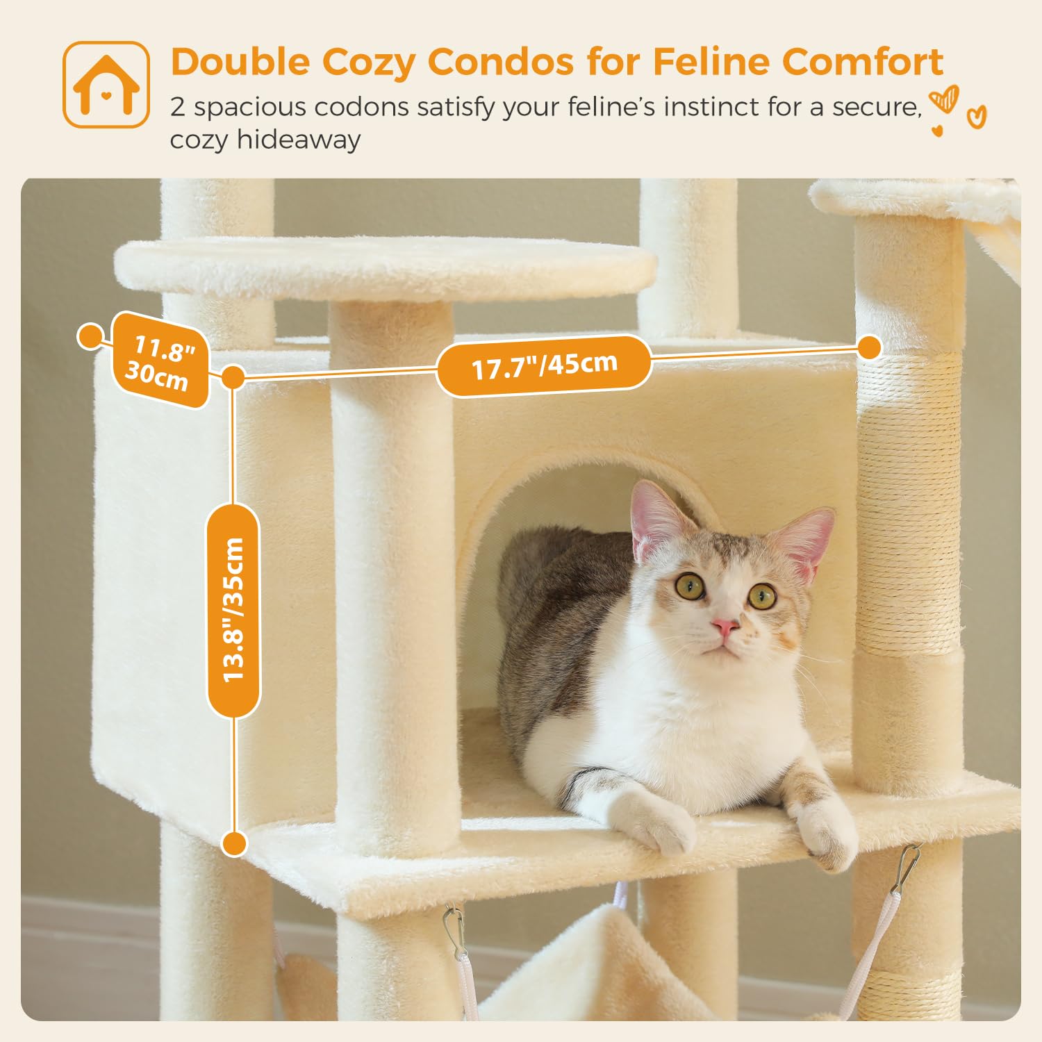 Pawz Road Tall Cat Tower, 70 Inch Cat Tree With Hammock, 5 Scratching Posts, 2 Condos And A Large Top Perches For Large Cats-Bei