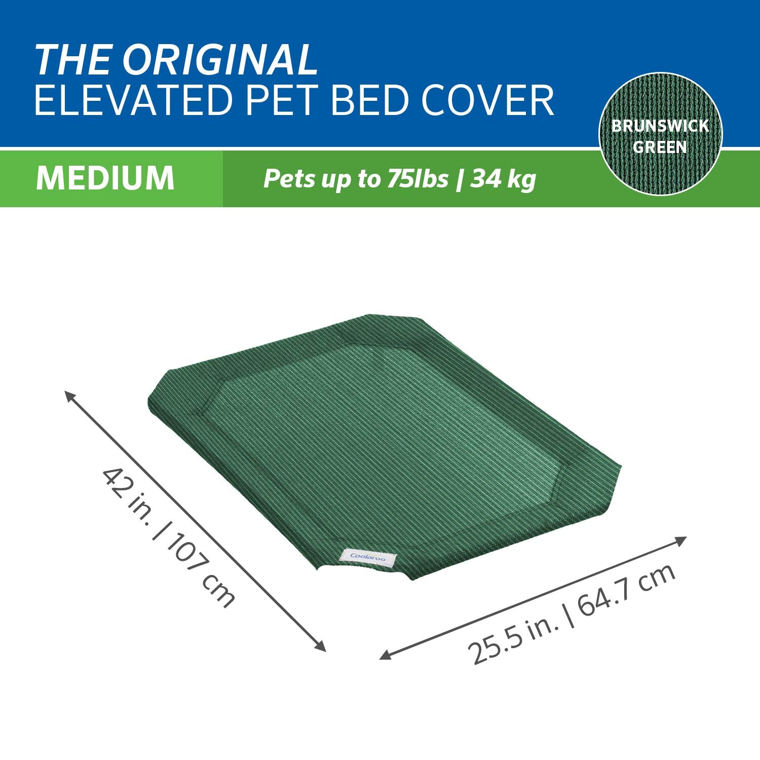 Coolaroo Original Pet Bed Replacement Cover, Medium 35"x25.5", Brunswick Green, HDPE Material, Model 317706