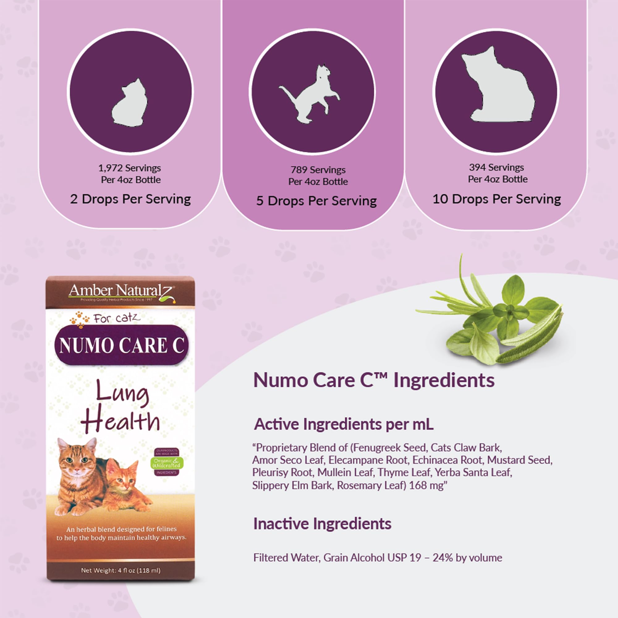 Amber NaturalZ Numo Care C Lung Health Herbal Supplement for Cats | Feline Herbal Supplement for Bronchial Support and Respirato