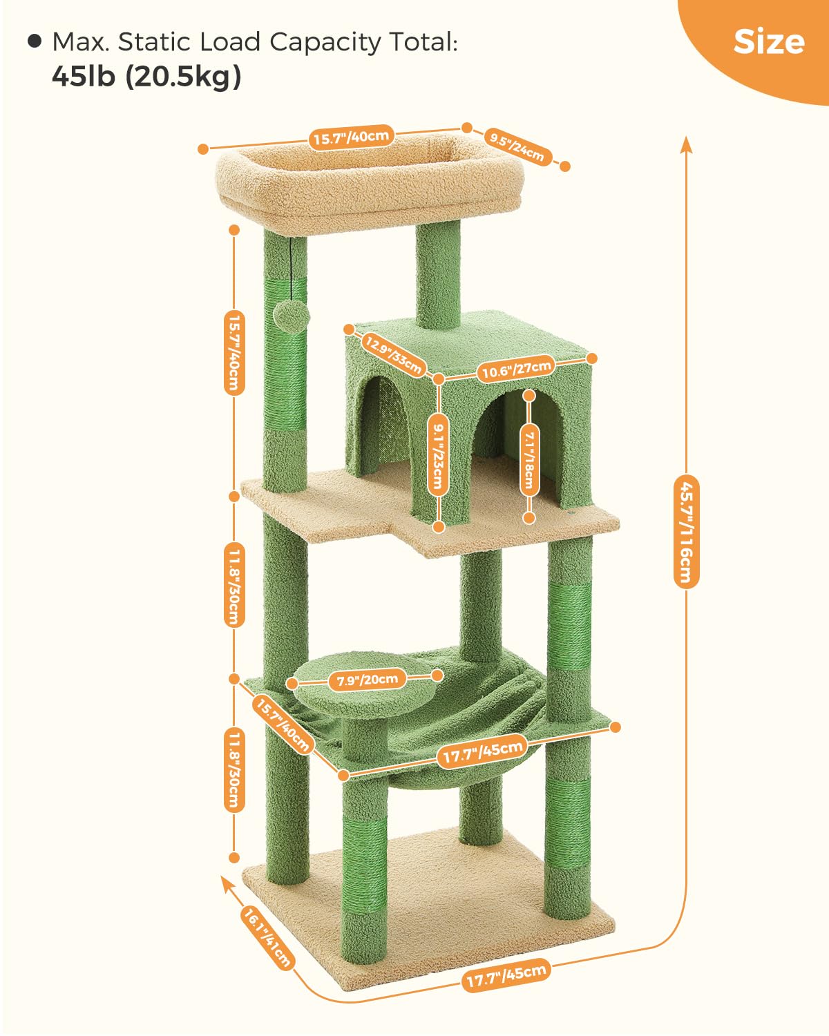 Muttros Cactus Cat Tree For Indoor Cats, 45.7' Multi-Level Cat Tower With Large Metal Frame Hammock, Cat Condo With 4 Scratching Posts And Top Perch For Small Medium Cat, Green