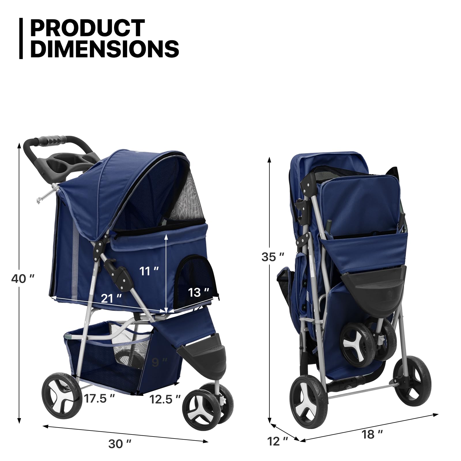 MoNiBloom Pet Stroller, Foldable Dog/Cat Jogger with Weather Cover, Storage Basket, Mesh, 13"x29"x40", Navy Blue, Model A78-PS-001-N