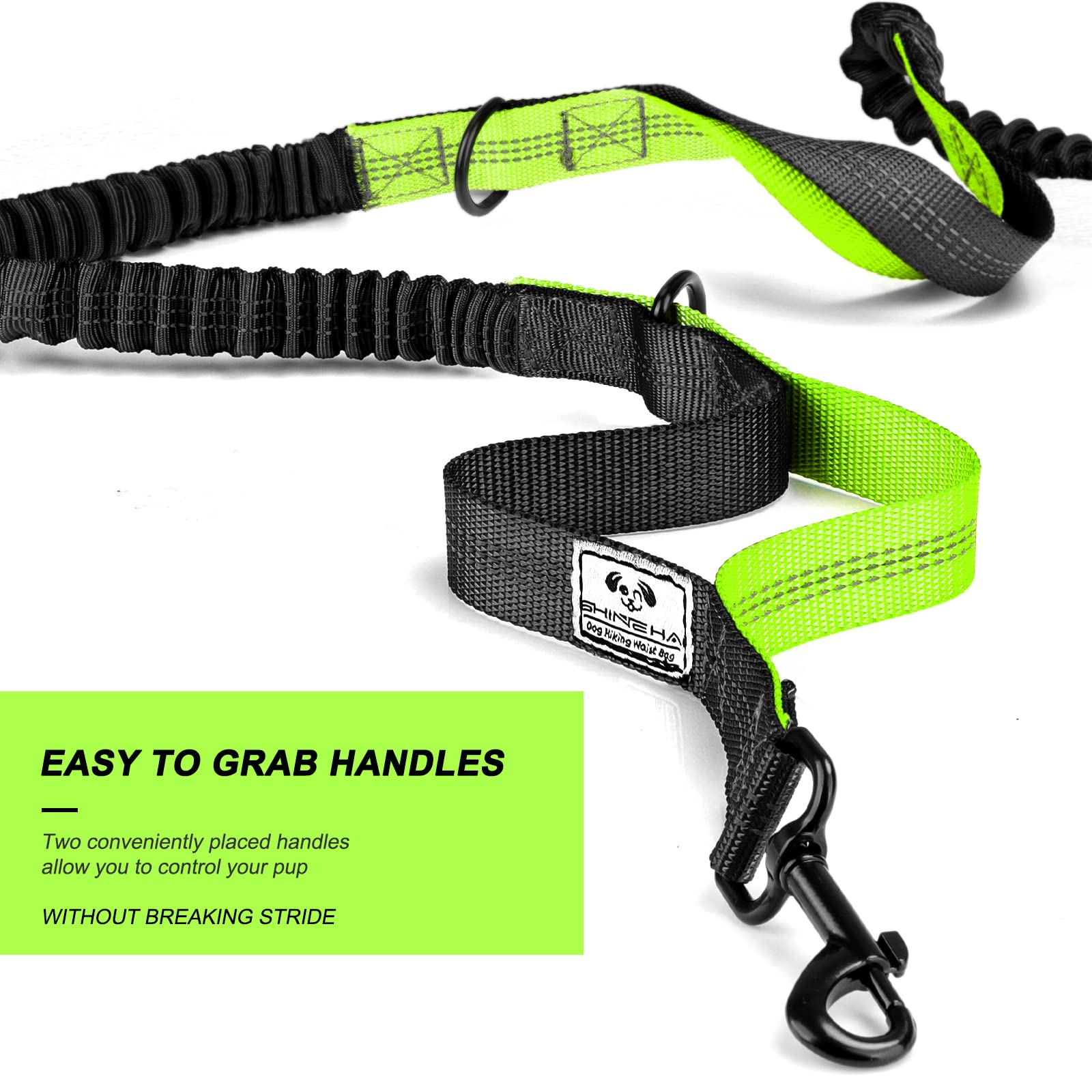 SHINE HAI Retractable Dog Leash for 2 Dogs, Adjustable Waist Belt, Nylon, Green/Black, Model MA-US22-DL, Reflective Stitching