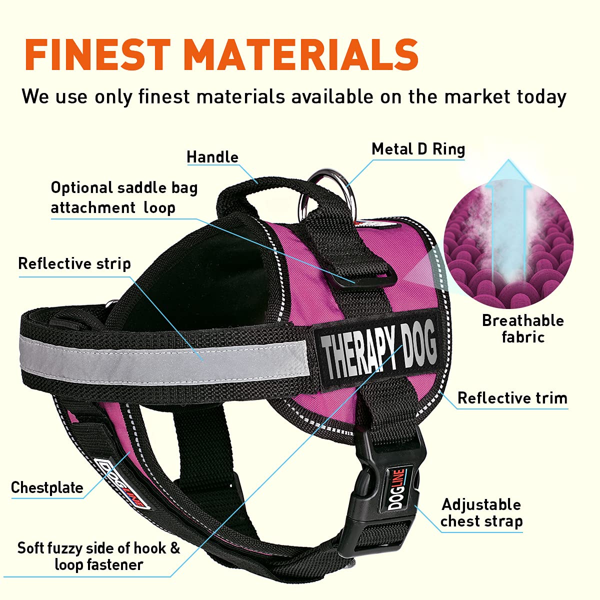 Dogline Vest Harness For Dogs And 2 Removable Therapy Dog Patches, X-Large/36 To 46', Pink