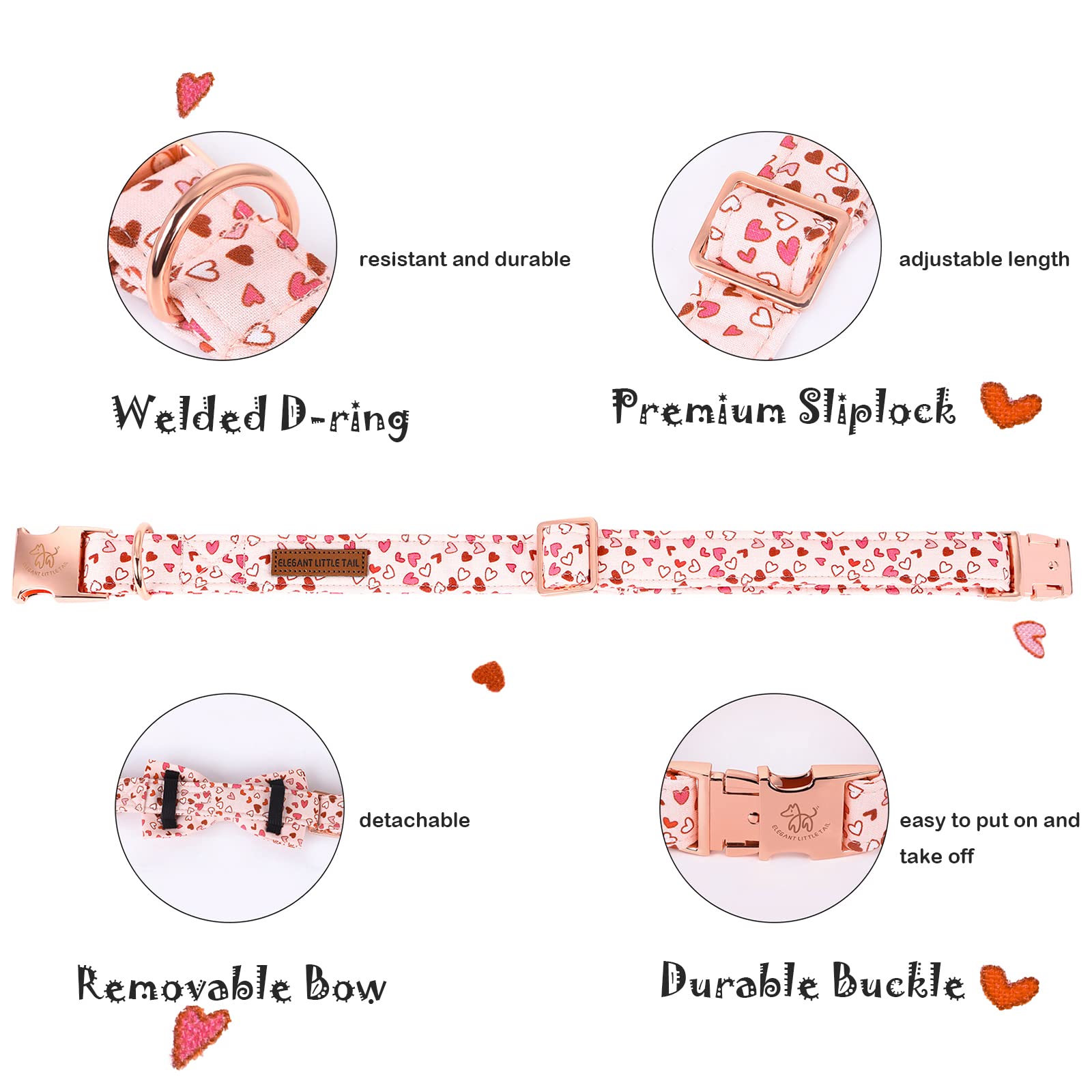 Elegant Little Tail Valentine'S Dog Collar With Bow Tie, Cute Heart Bowtie Pet Gift For X-Small Puppy