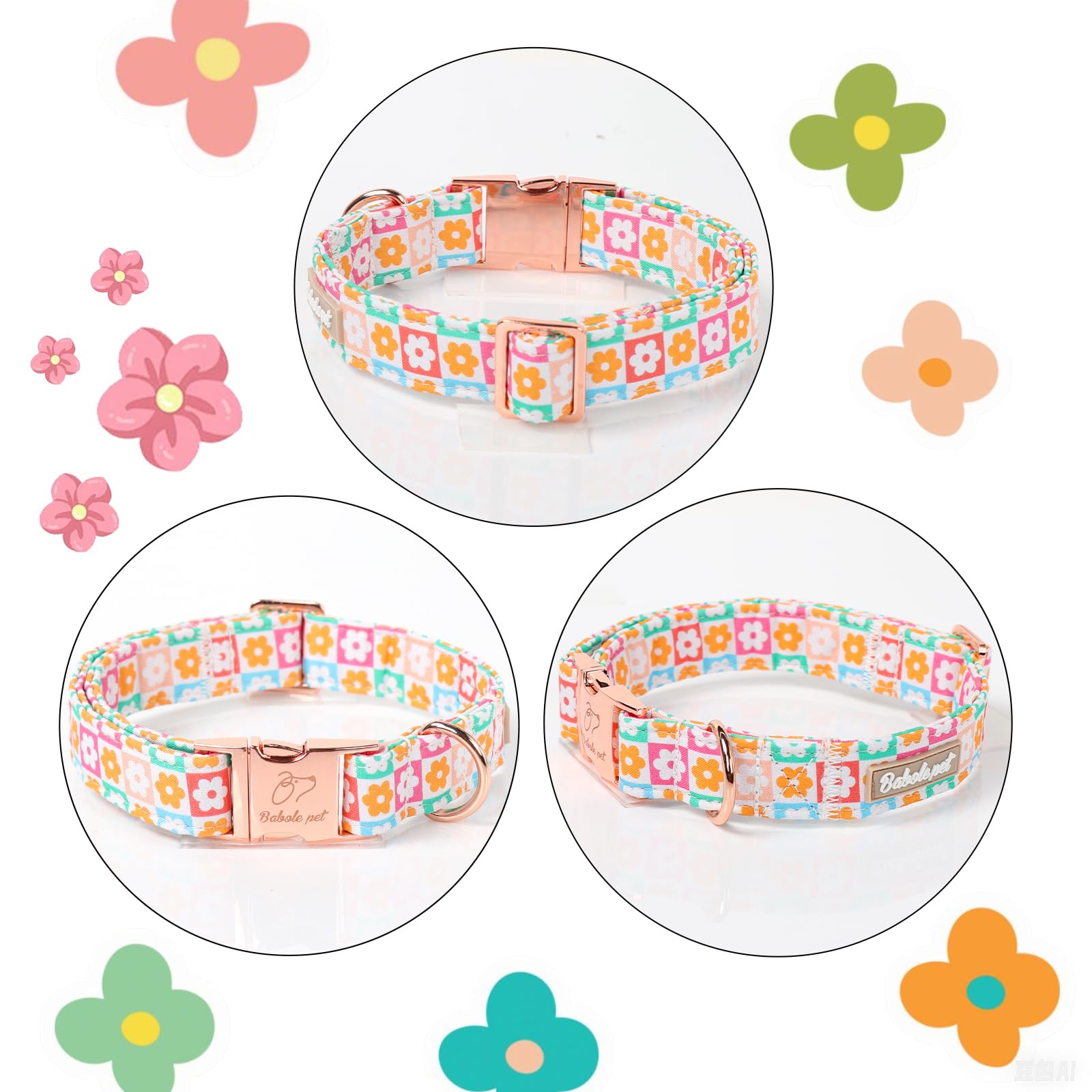 Babole Pet Spring Dog Collar, Pastel Checkered Flowers Pet Collar With Metal Buckel, Durable Adjustable Designer Dog Collars For