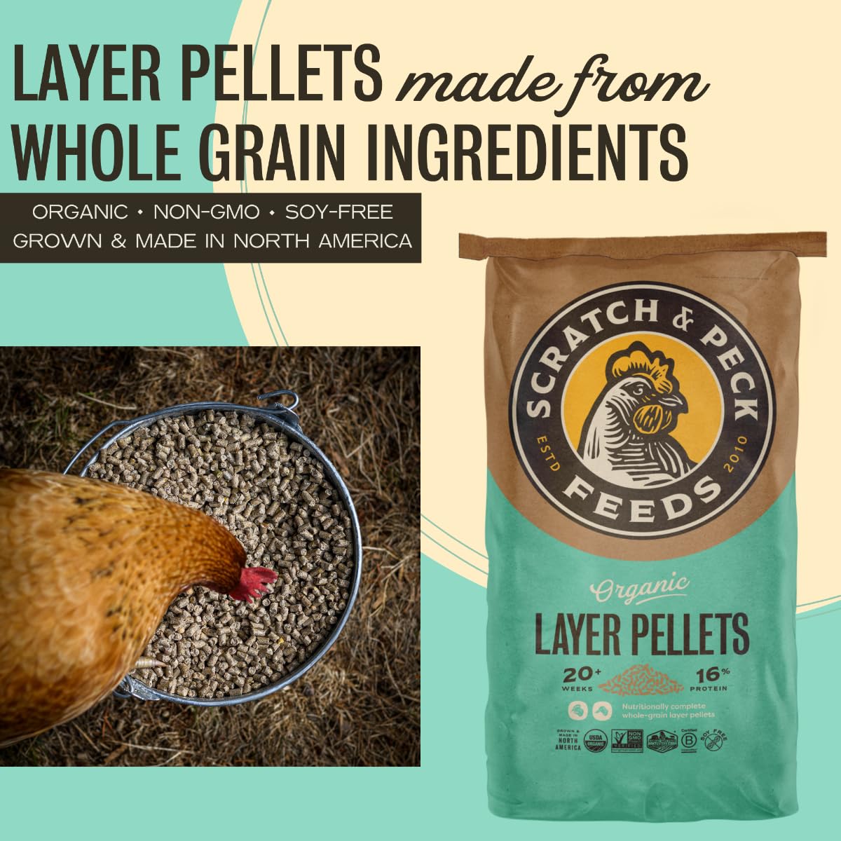 Scratch and Peck Whole Grain Layer Pellets Chicken and Duck Feed - 25 lbs Bag - Corn-Free and Soy-Free - 16% Protein, Certified