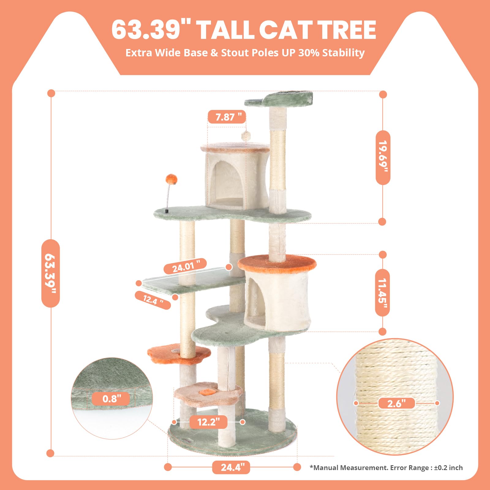 HYABI Cat Tree - 63 Inch Creative Flower Climbing Frame, Large 7 Platforms, Engineered Wood, Brown, Model HB-011