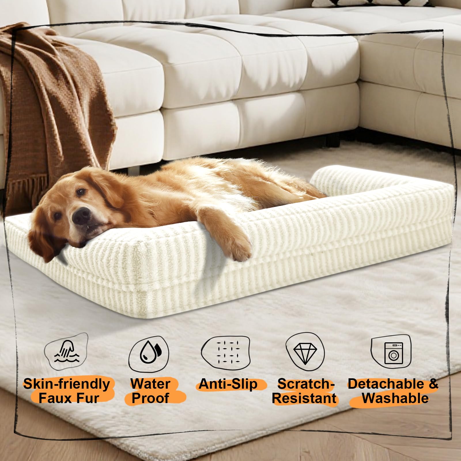 Large Dog Bed Waterproof Orthopedic Foam Dog Beds for Large Dogs Sofa Comfy Pet Bed with Washable Removable Cover & Non-Slip Bot