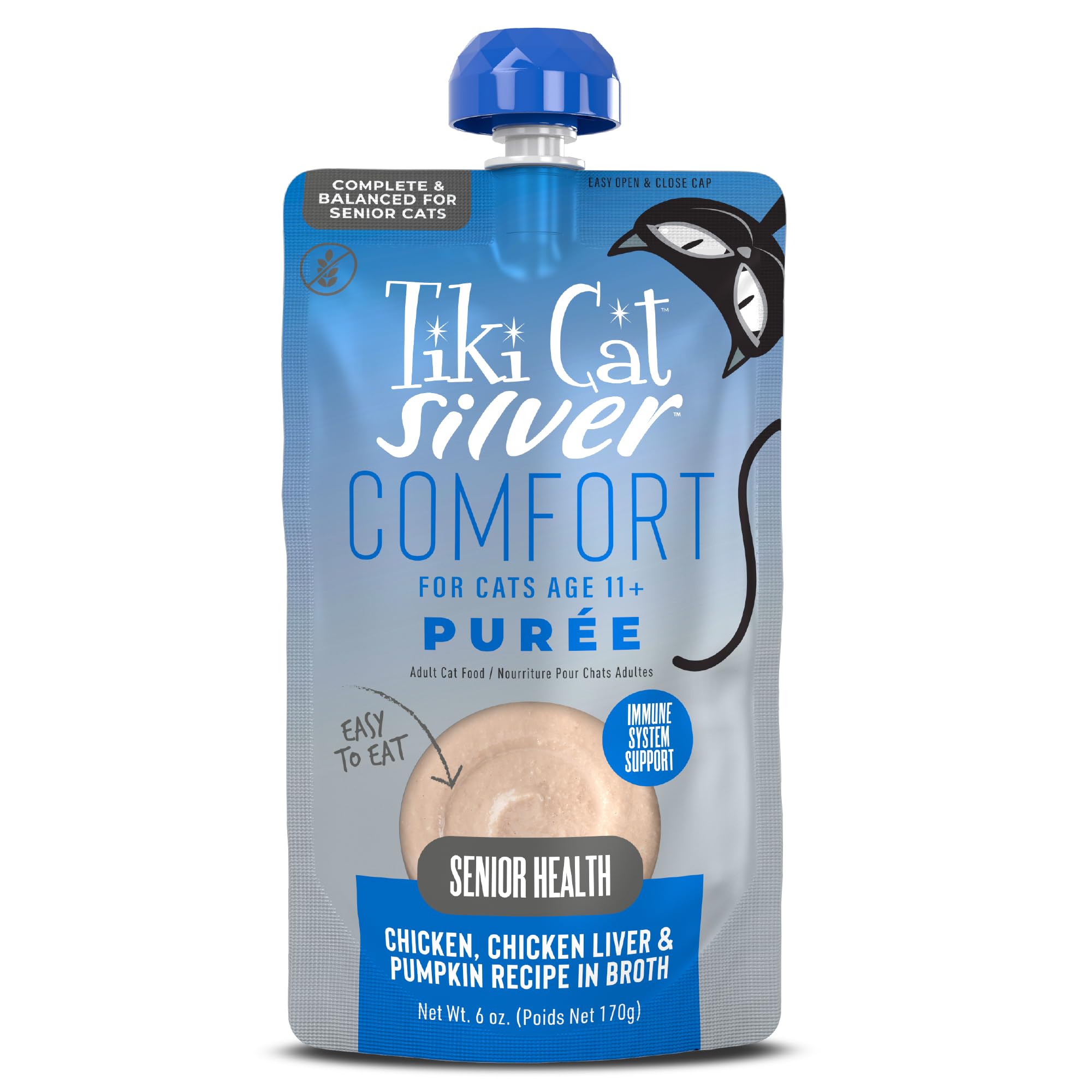 Tiki Cat Silver Comfort Puree, Chicken & Chicken Liver, Soft & Easy to Eat, Wet Cat Food for Senior Cats, 6 oz. Spout Pouch (6 C