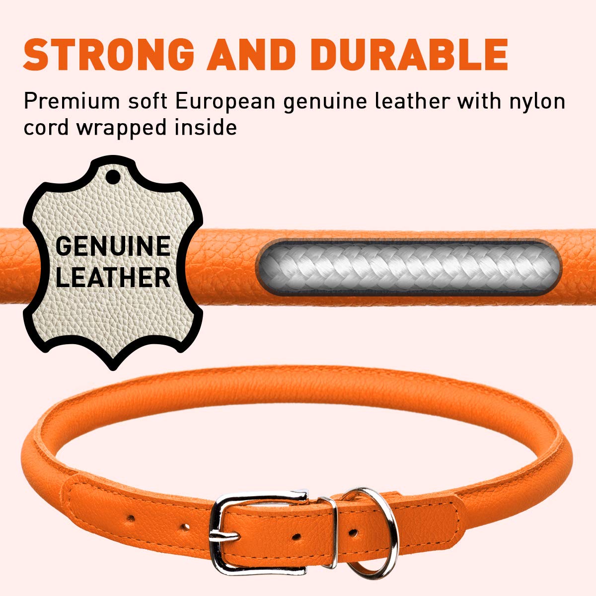 Dogline Rolled Leather Dog Collar - For Small, Medium And Large Breeds - Soft And Padded Round Luxury Design W1/2'' - L19-22, Or