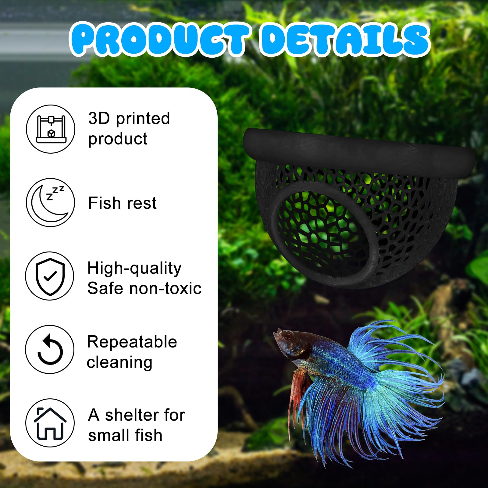 Floating Betta Hide & Shrimp Cave - 3D Printed Aquarium Decor, Multi-Functional Hammock, Feeding Ring & Safe Resting Spot for Be
