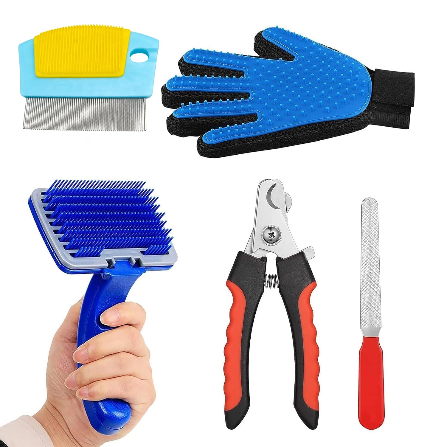 Emily Pets Dog Grooming Kit Combo | Nail Clippers With File, Slicker Brush With Flea Comb & Grooming Glove For Dogs & Puppies, M