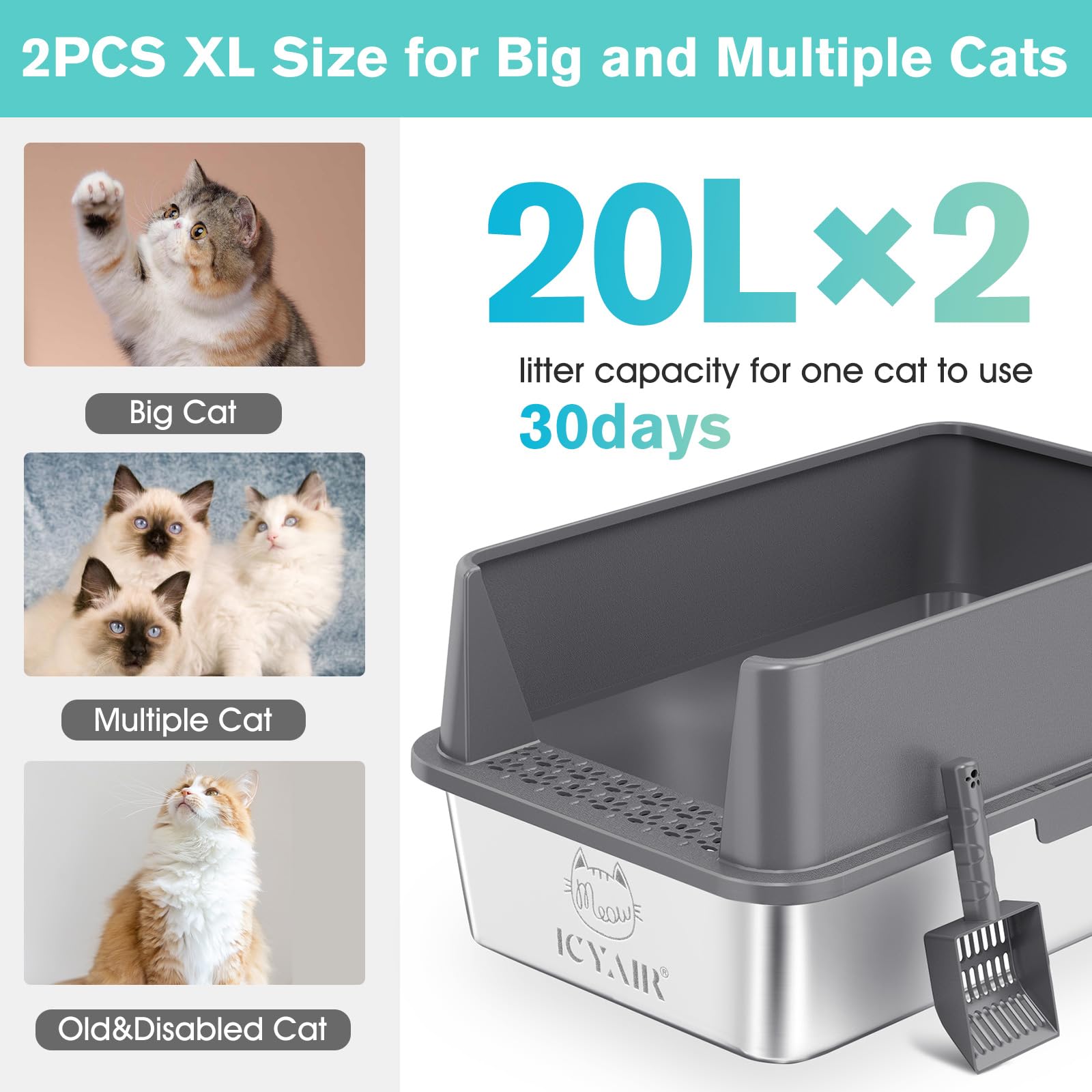 ICYAIR Stainless Steel Cat Litter Box 2PACK XL Anti-Leakage Dark Grey