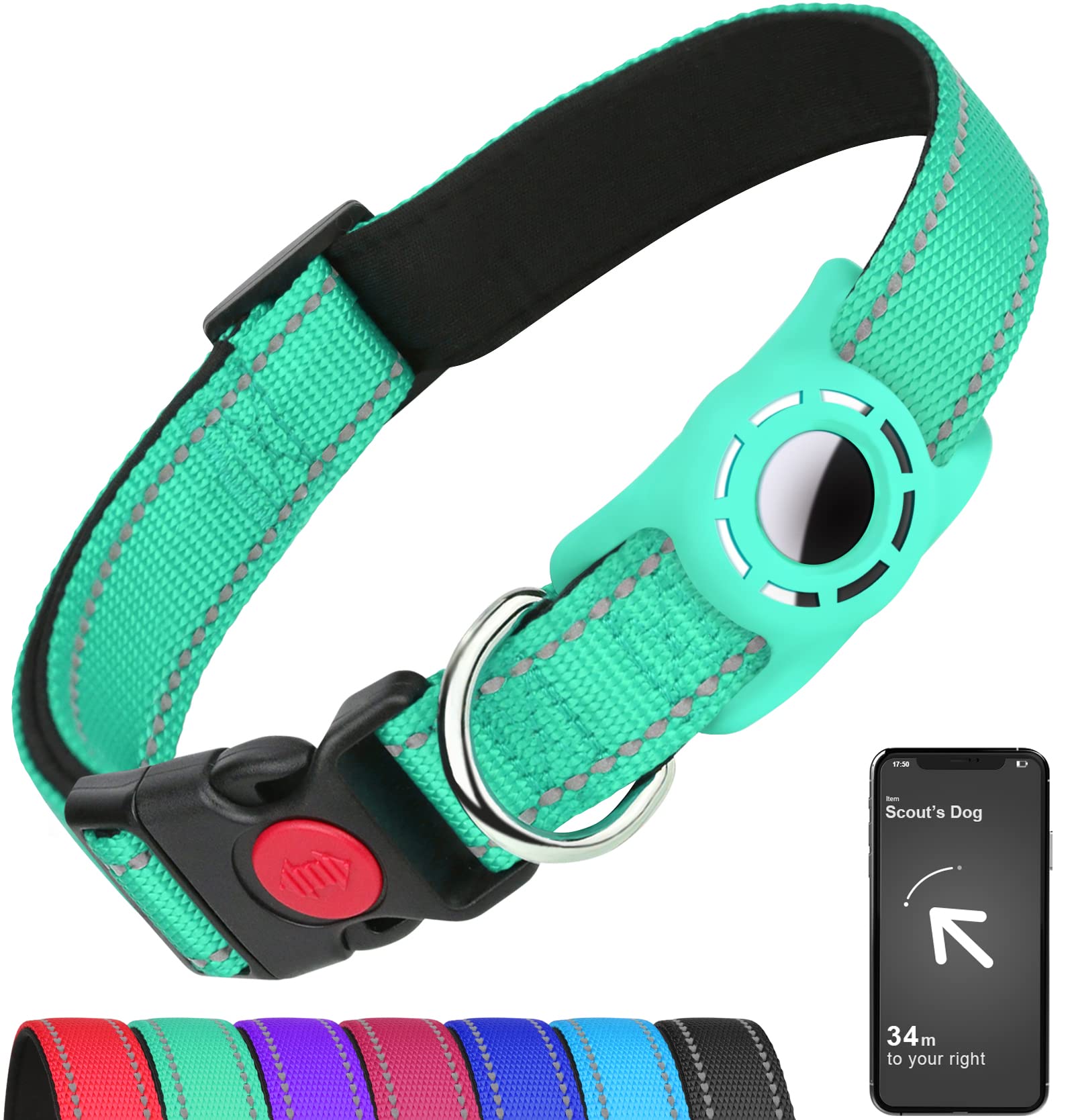 Erbine Airtag Dog Collar For Large Dogs, Reflective Dog Collars With Airtag Holder, Soft Padded & Safety Locking Buckle, Nylon Pet Collar Adjustable For All Breeds, Teal