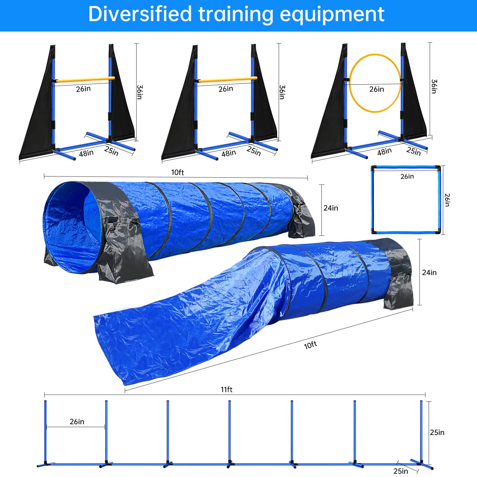 JOPAVO Dog Agility Course Set - 2x10ft Tunnels, Hurdles, Jump Ring, Weave Pole, Pause Box - Easy Setup, Blue, Model JO077