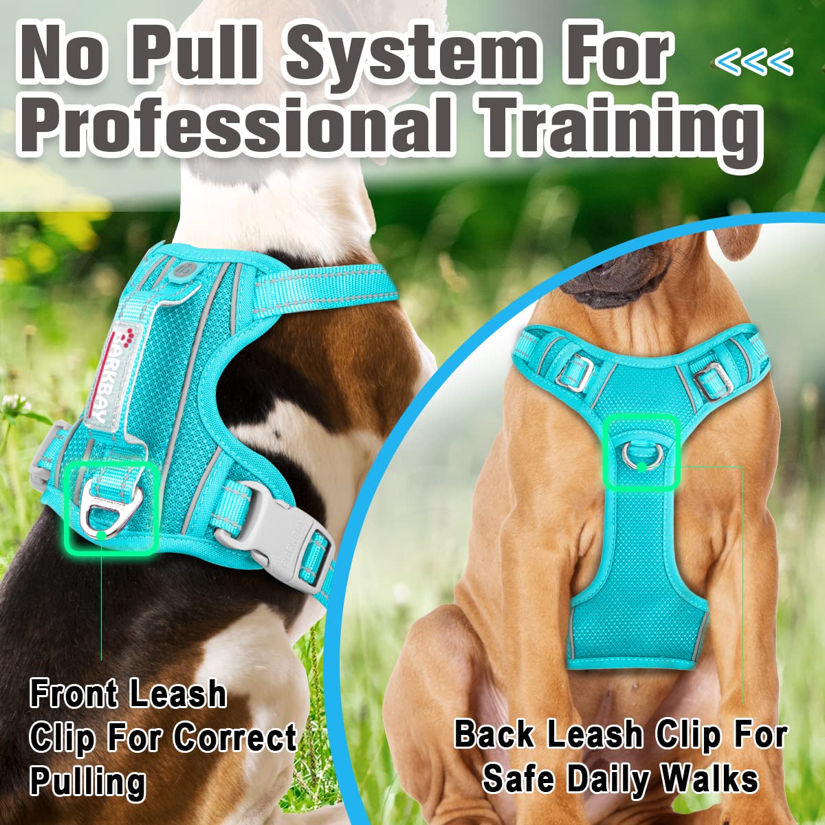 Barkbay No Pull Dog Harness Front Clip Heavy Duty Reflective Easy Control Handle For Large Dog Walking With Id Tag Pocket(Ocean Blue,M)