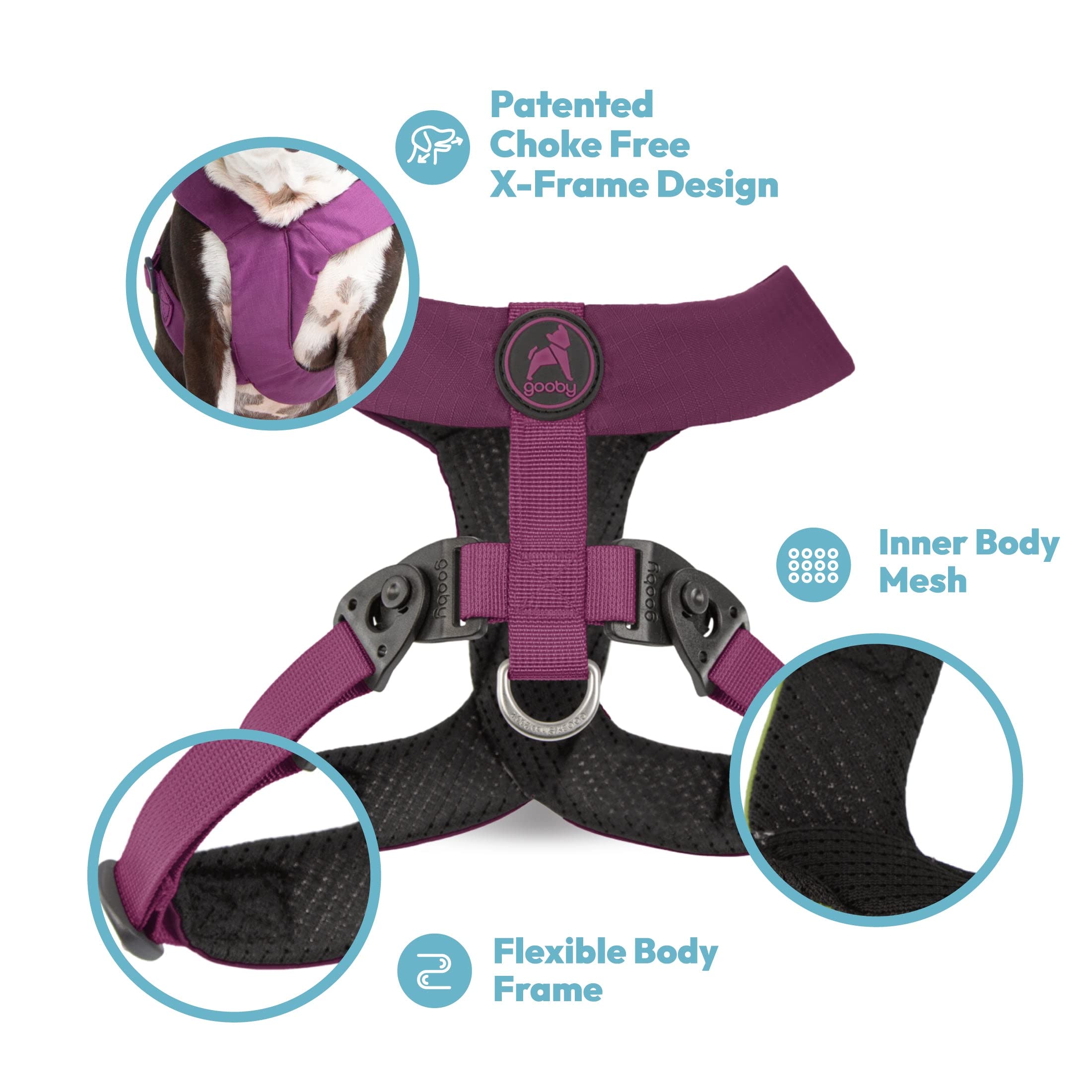 Gooby Comfort X Harness - Dual Snap, Purple, Medium - No Pull Small Dog Harness with Rotational Buckles and Patented Choke-Free