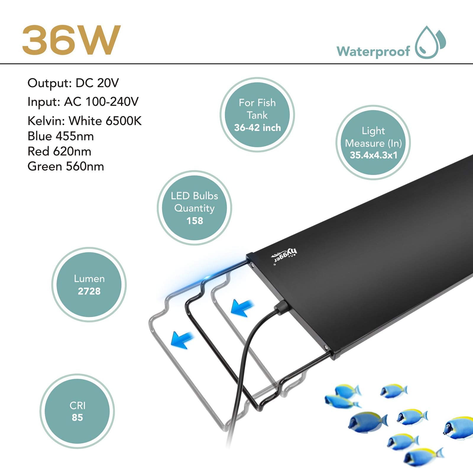 Hygger 36W 24/7 Lighting Aquarium Led Light, Sunrise-Daylight-Moonlight Mode And Diy Mode, Adjustable Timer Adjustable Brightness Fish Tank Light With Extendable Bracket 7 Colors For Planted Tank