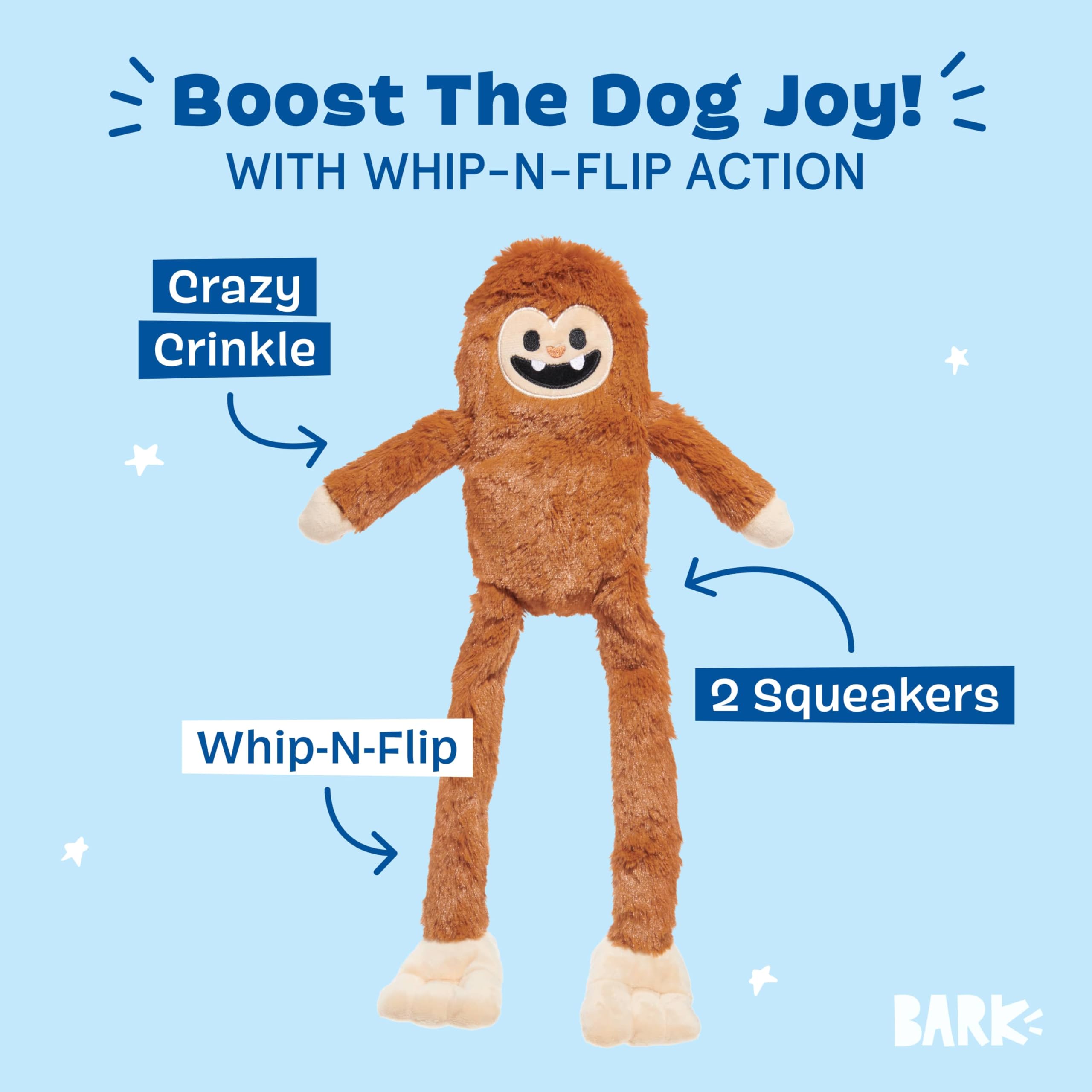 Barkbox Sasquatch Josh Plush Dog Toy - Squeaky Toy with Crazy Crinkle, Whip-N-Flip Arms, and Soft Plush Design for Interactive P