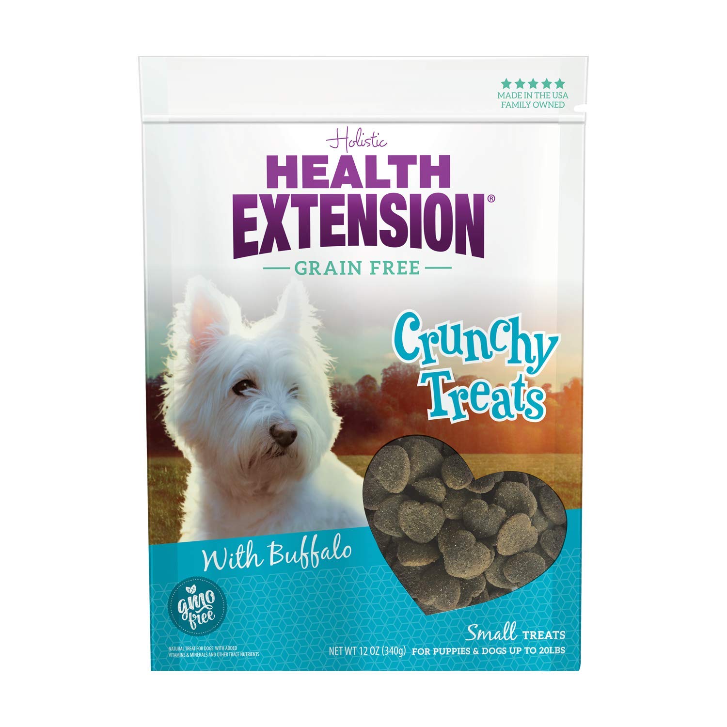 Health Extension Heart-Shaped Crunchy Biscuits, 12oz (340g) - Buffalo Recipe, GMO-Free Dog Training Treats for Small Breeds, Add