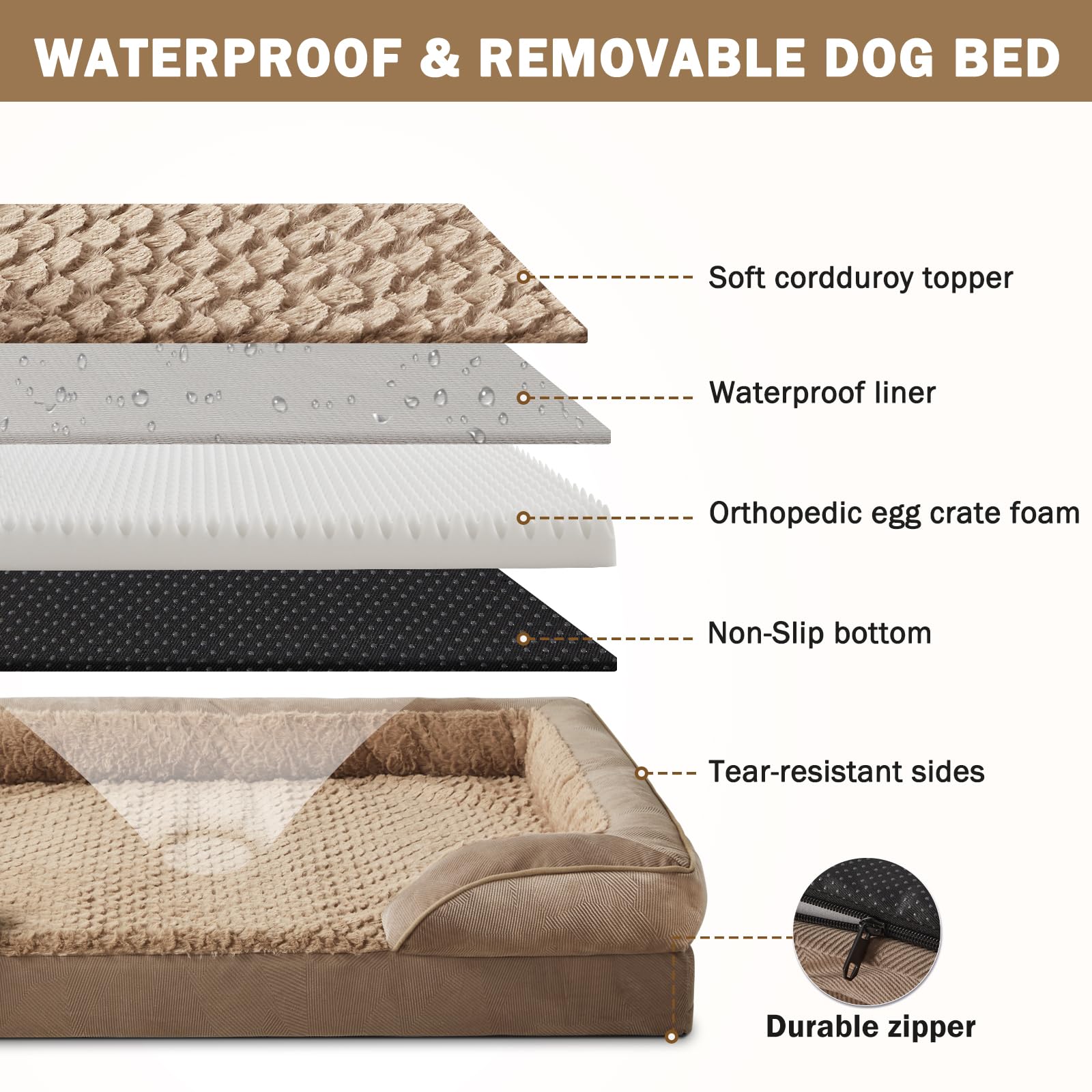 INVENHO XXL Orthopedic Dog Bed - Waterproof Egg-Crate Foam Sofa, Brown, Washable Cover, Nonskid Bottom (48"x 35"x 6.5")