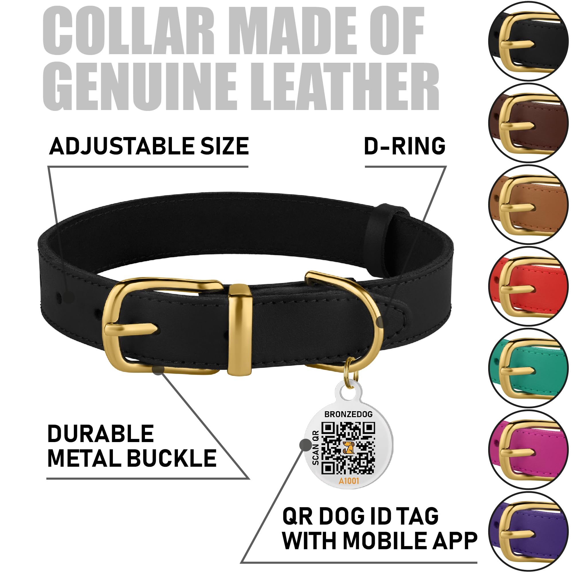 Bronzedog Leather Dog Collar With Metal Buckle Durable Basic Pet Collars For Small Medium Large Dogs (19-21 Inch (Pack Of 1), Black & Gold Buckle)
