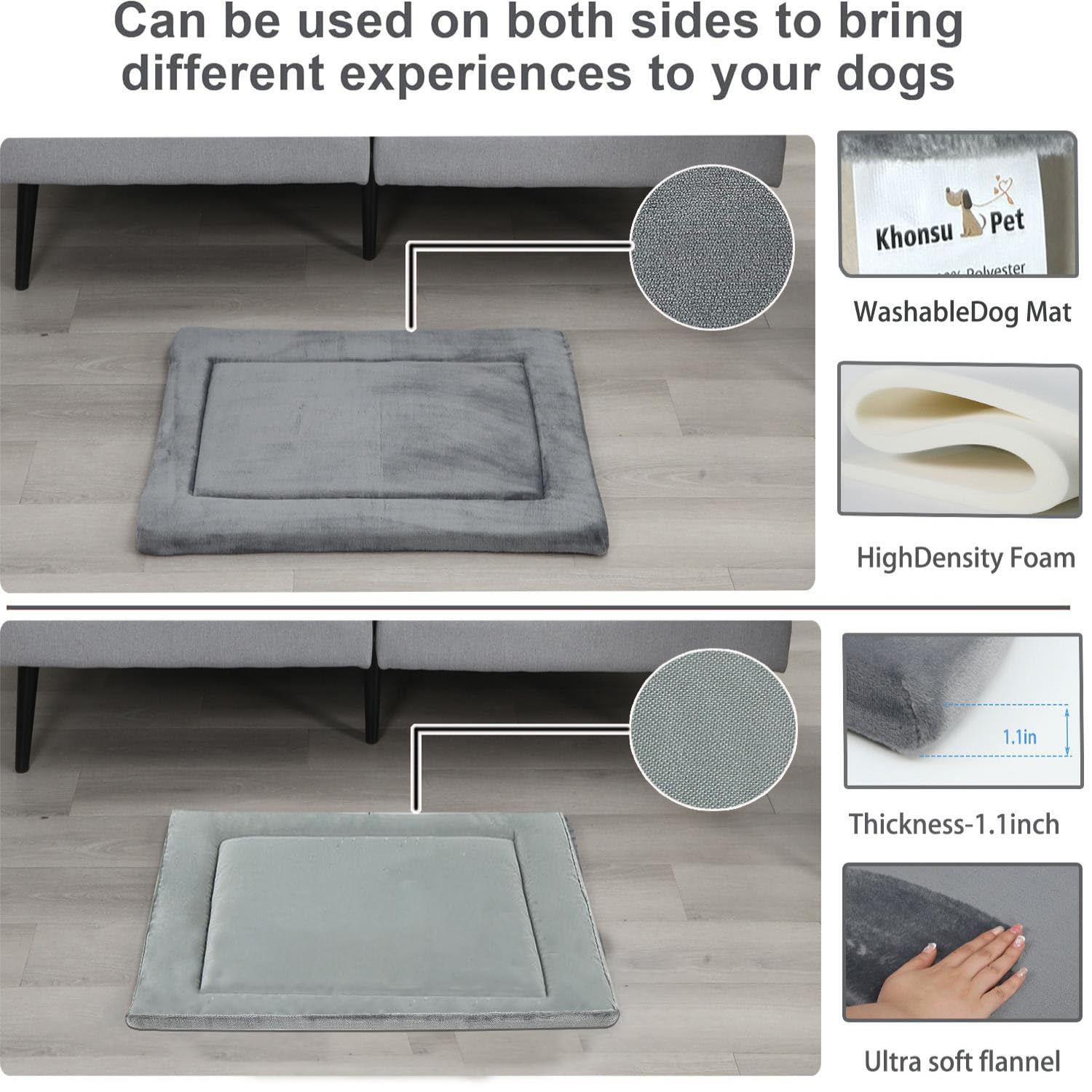 Khonsu Pet Dog Bed Mat Crate Pad For Up To 110 Lbs Dogs With Reversible Sides For Cold And Hot Seasons, Completely Washable Cush