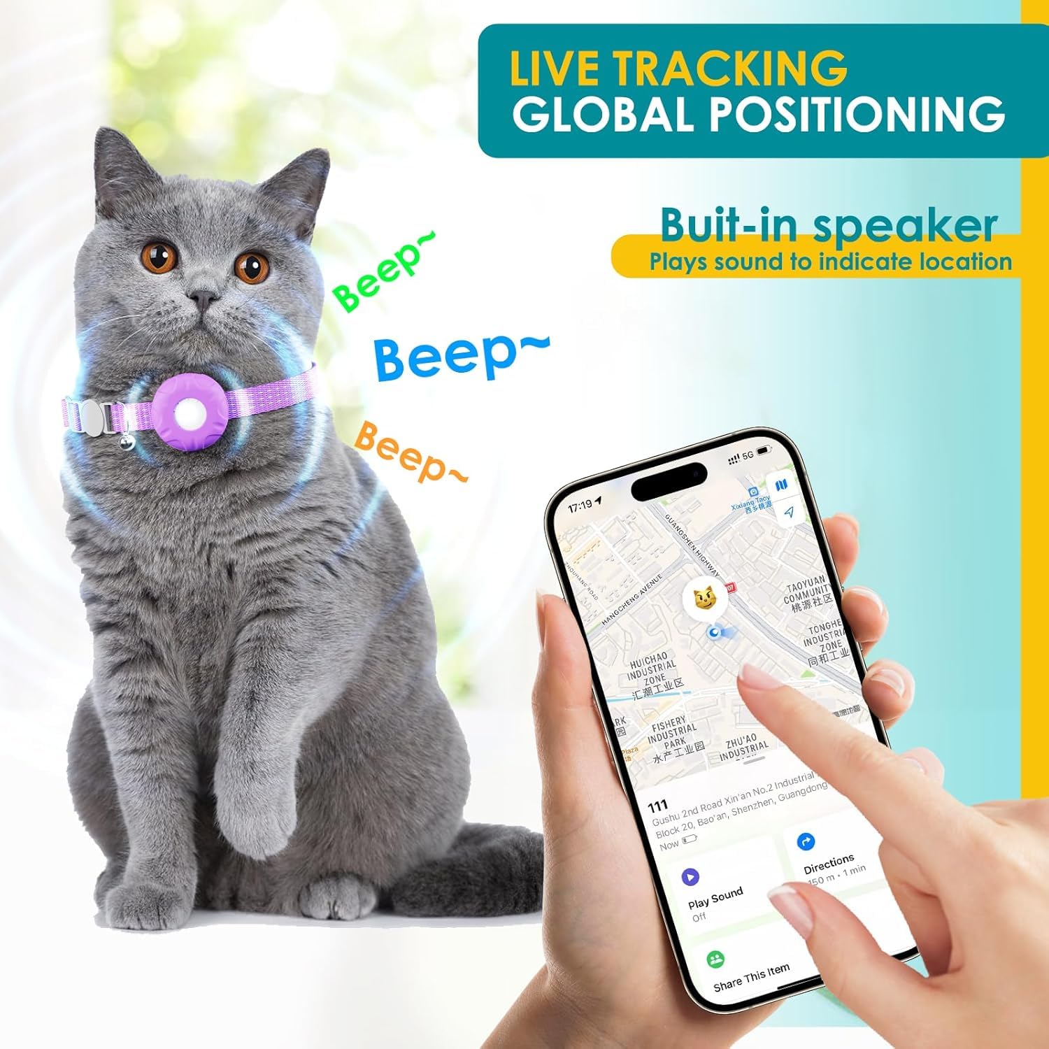 Pet Tracker for Cats,GPS Cat Tracker,Smart Pet Location Tracker with Collar and Holder,Waterproof Cat GPS Tracker Tracking Devic
