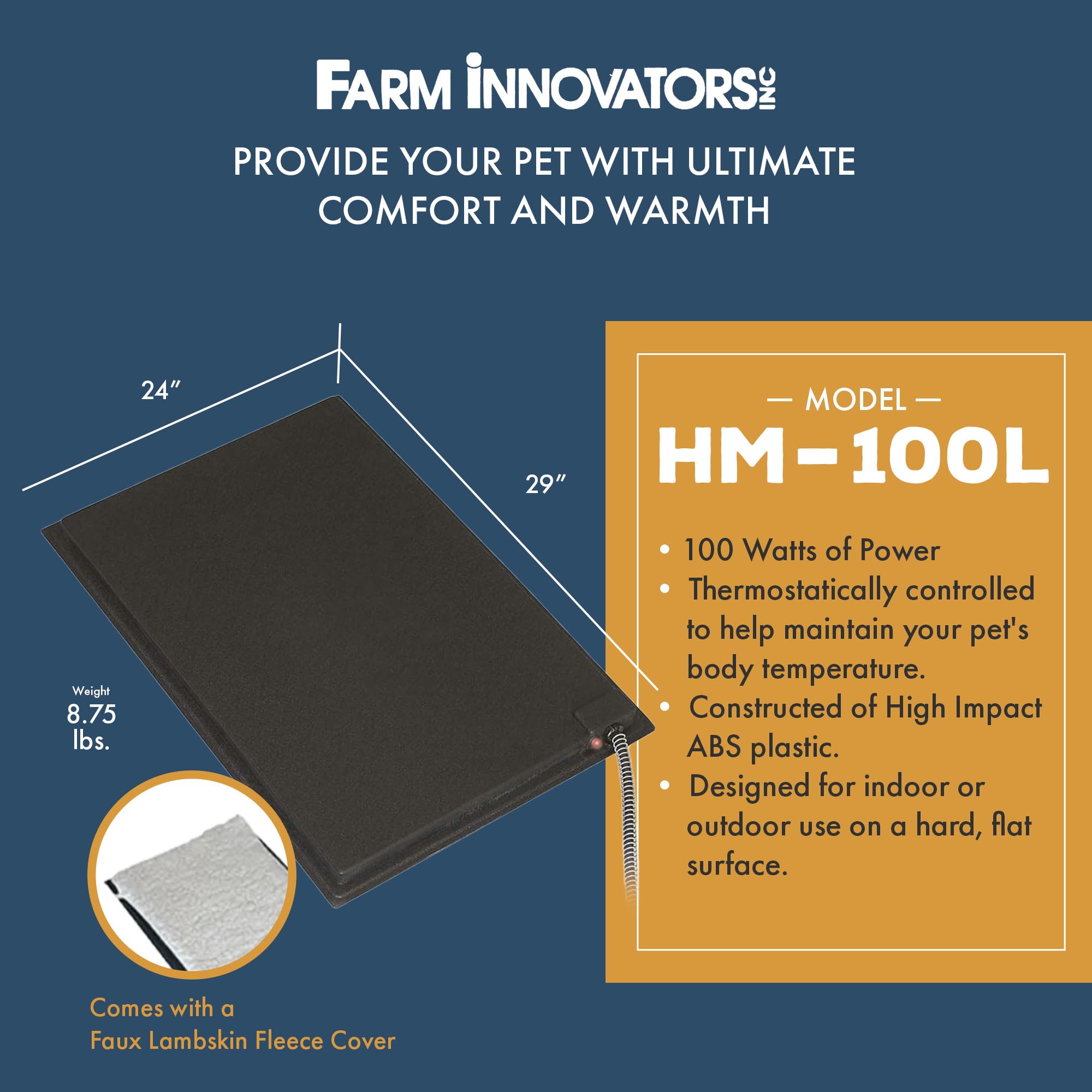Farm Innovators HM-100L Heated Pet Mat - 24"x29", Plastic, Black, Fleece Cover, Anti-Chew Cord, 100W for Dogs & Cats