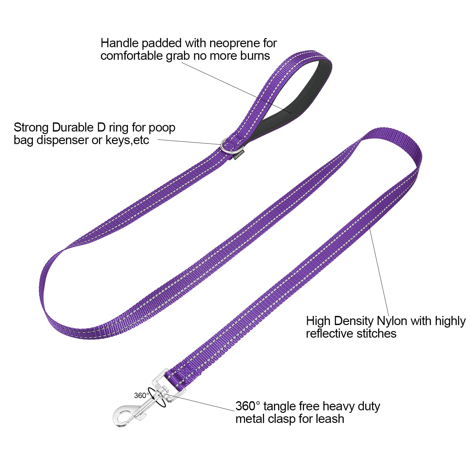 Usunyvora Reflective Nylon Dog Leash For Walking,Strong Dog Leash With Padded Handle For Medium And Large Dogs,4 Ft,Purple
