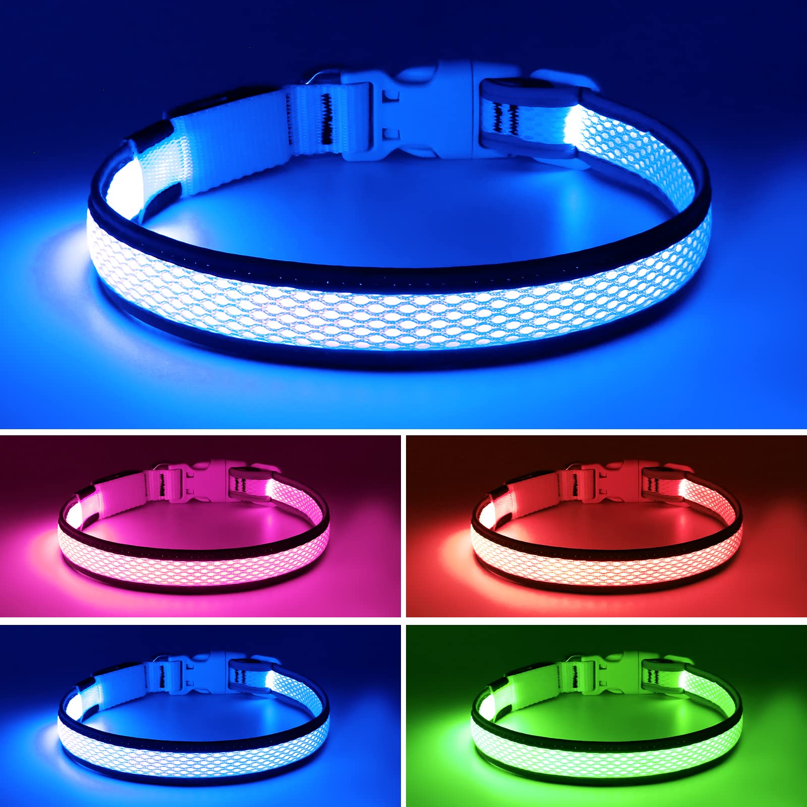 Flashseen Led Dog Collar,Usb Rechargeable Light Up Dog Collar Lights,Adjustable Comfortable Soft Mesh Safety Dog Collar For Small,Medium,Large Dogs(Small, Royal Blue)