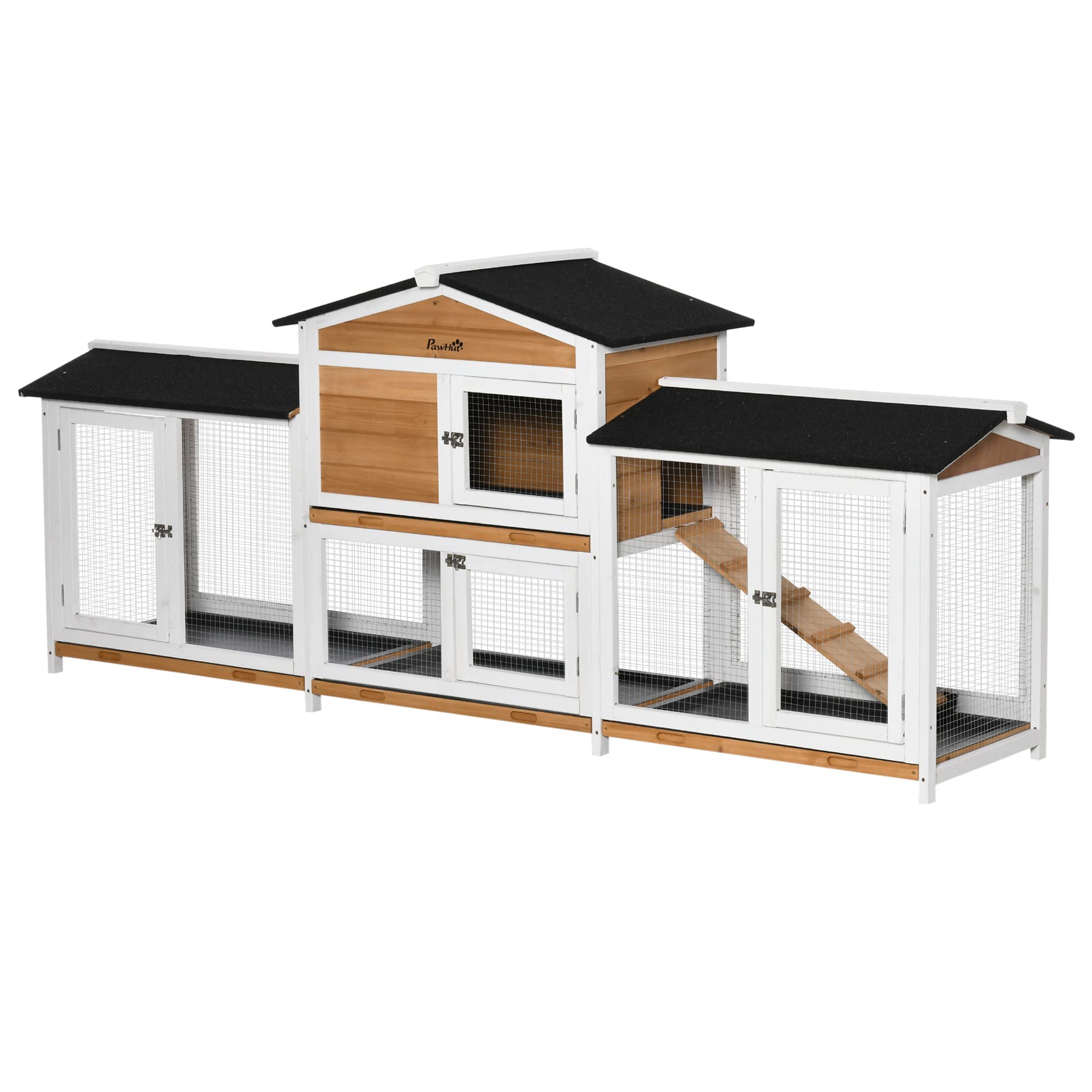 PawHut 90.5 Wooden Rabbit Hutch Bunny Cage Pet Playpen House Enclosure with Double Side Run Boxes, No Leak Tray, Ramp, for Guine