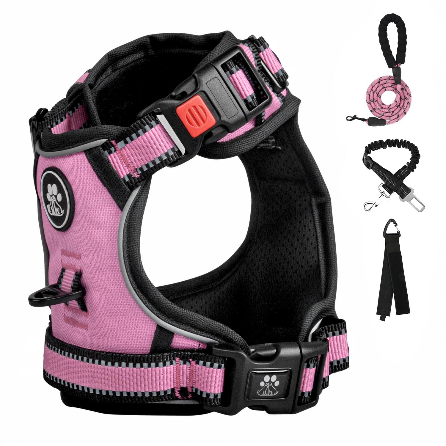 FURRYFECTION XL No Pull Dog Harness, Reflective Vest, Adjustable, Soft Padded, Front Lead, Leash, Seat Belt, Pink