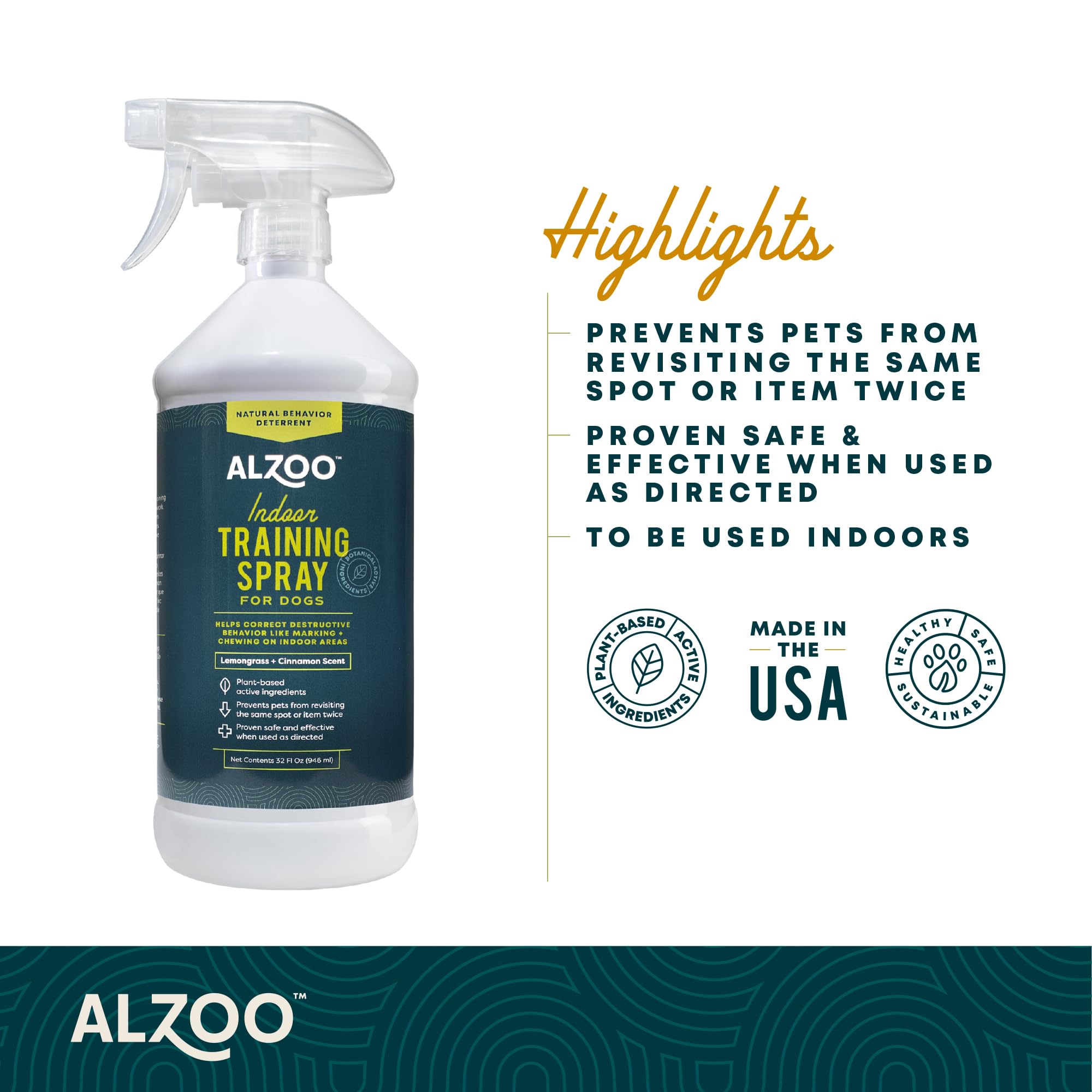 ALZOO Indoor Training Spray for Dogs, 100% Plant-Based, 32 Fl Oz, Corrects Destructive Behavior, Model 705905