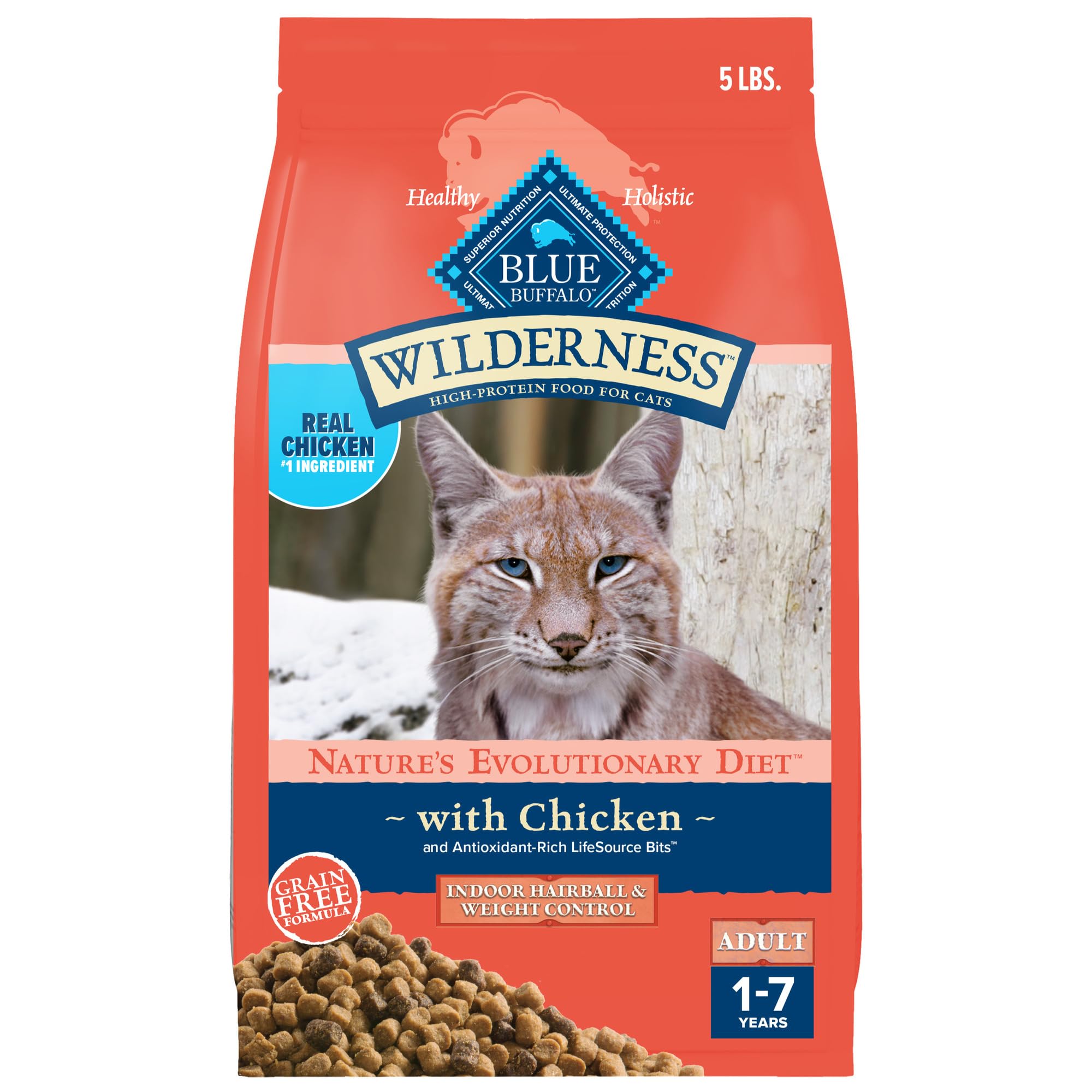 Blue Buffalo Wilderness High-Protein, Grain-Free Natural Dry Food for Adult Cats, Weight and Hairball Control, Chicken, 5-lb. Ba
