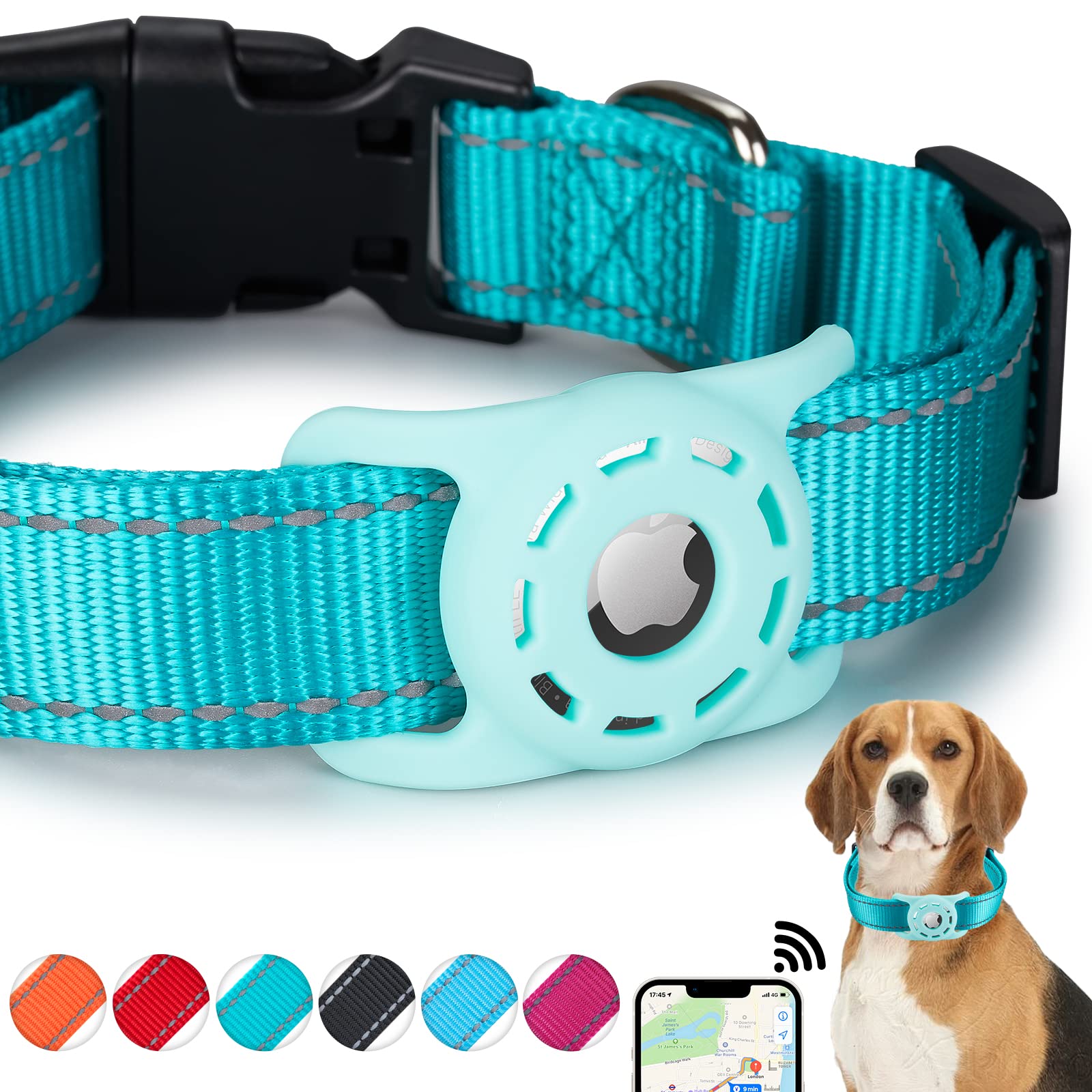 Konity Reflective Airtag Dog Collar, Compatible With Apple Airtag 2021, Nylon Pet Cat Puppy Collar With Silicone Airtag Holder For Small, Medium, Large, And Extra Large Dogs