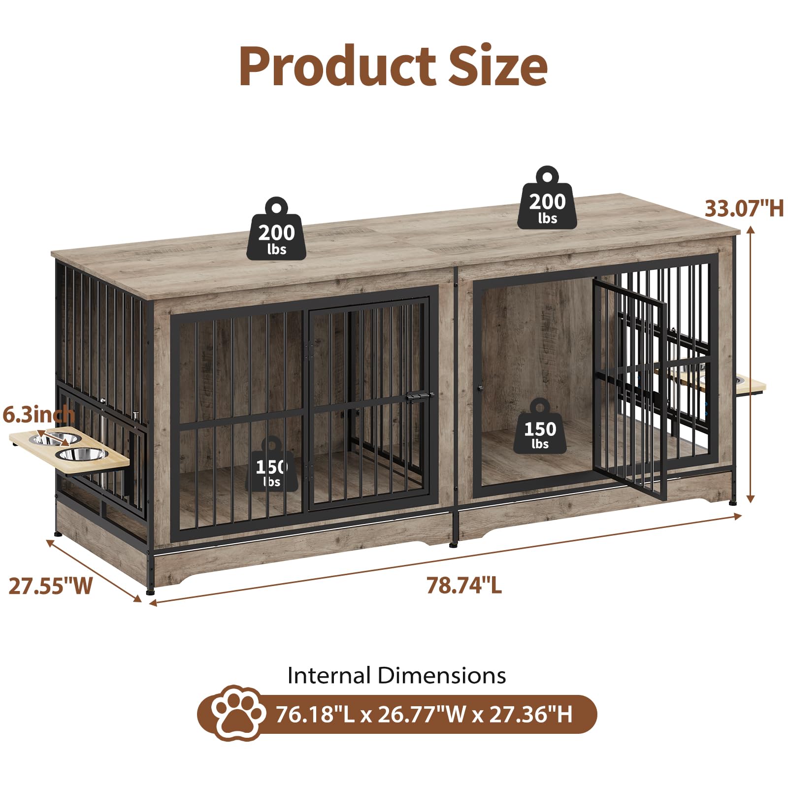 Rovibek Wooden Dog Crate Furniture for 2 Large Dogs, 78"L x 27"W x 33"H, Grey, Includes Dog Bowl, Model: Grey Dog Crate 78