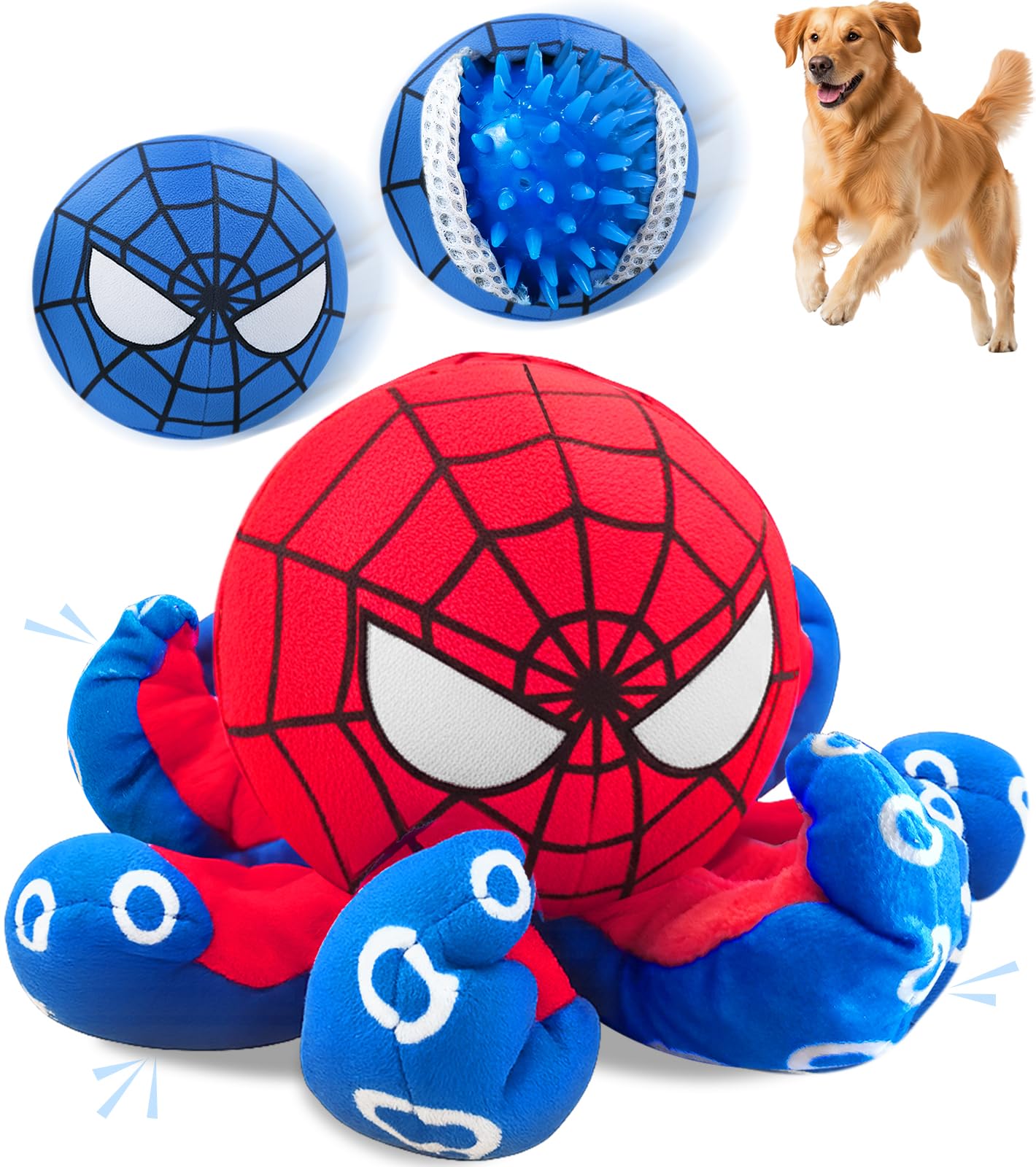 JoySolar 3 in 1 Tear Apart Squeaky Dog Toy - Spider Stuffed Rip and Reveal Dog Toy, Plush Interactive Pet Toy with Spikey Ball I