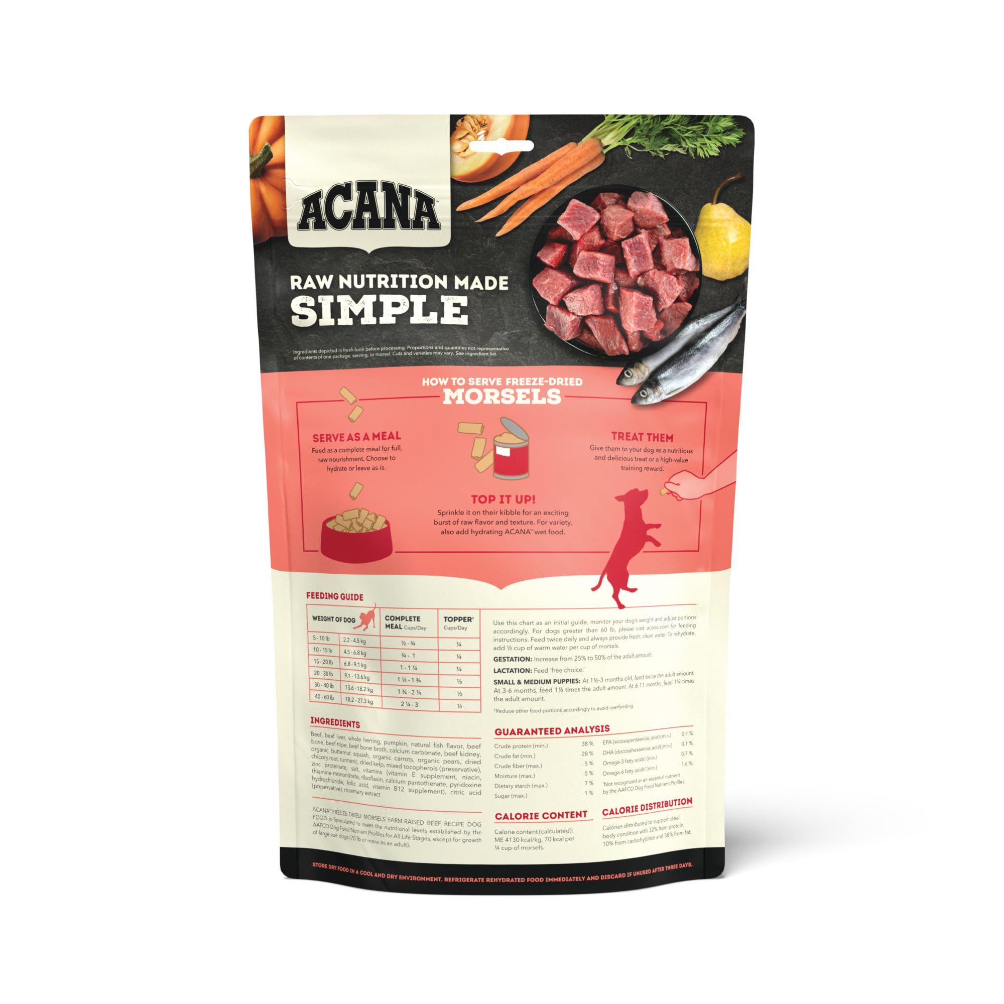 ACANA Grain-Free High Protein Freeze Dried Dog Food & Topper Ranch-Raised Beef Recipe Morsels 8oz Bag