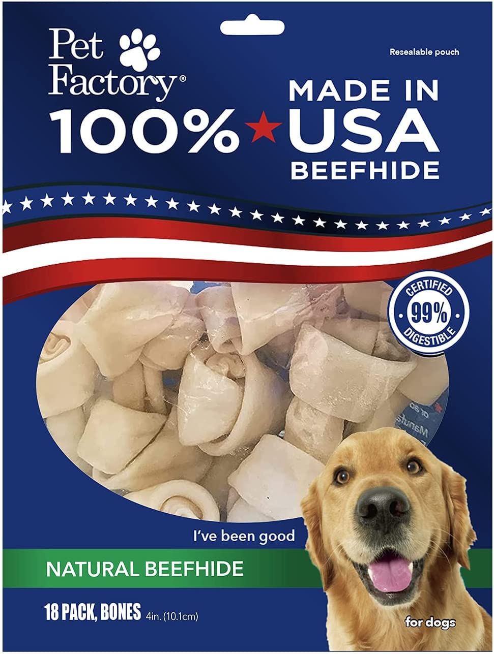 Pet Factory 100% Made in USA Beefhide 4 Knotted Bones Dog Chew Treats - Natural Flavor, 18 Count/1 Pack
