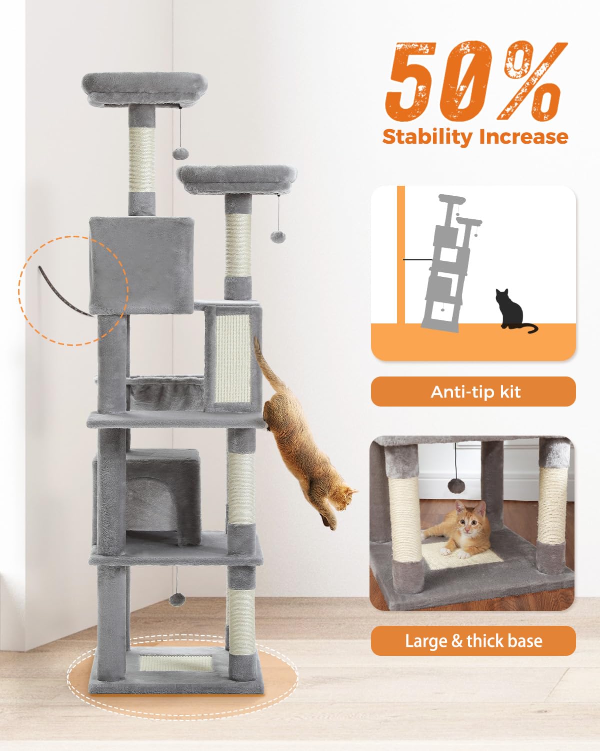 Muttros Tall Cat Tree 70.9'', Large Cat Tree For Indoor Cats, Multi-Level Plush Cat Condo With 6 Scratching Posts, 2 Scratching