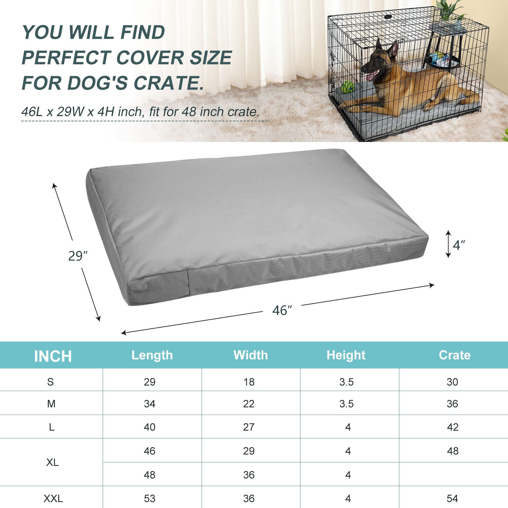 Explore Land Waterproof Dog Bed Cover Canvas Washable Dog Crate Pad Replacement Cover For 48 Inch Crate, 46Lx29Wx4H Inch, Gray