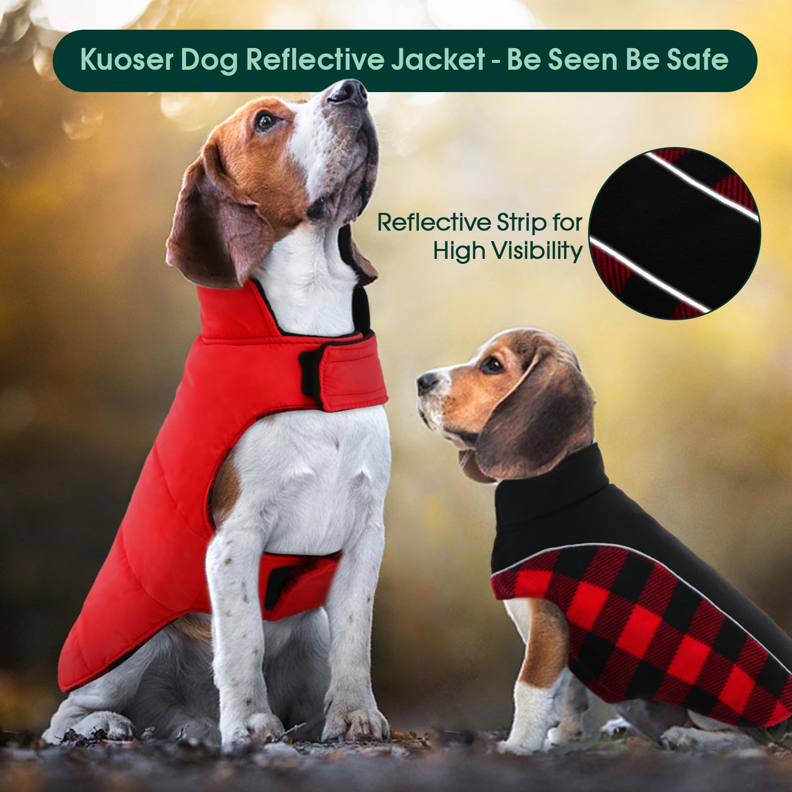 Kuoser Reversible Dog Coat, Warm Waterproof Dog Jacket, British Style Plaid Dog Winter Coats, Puppy Cold Weather Vest Windproof